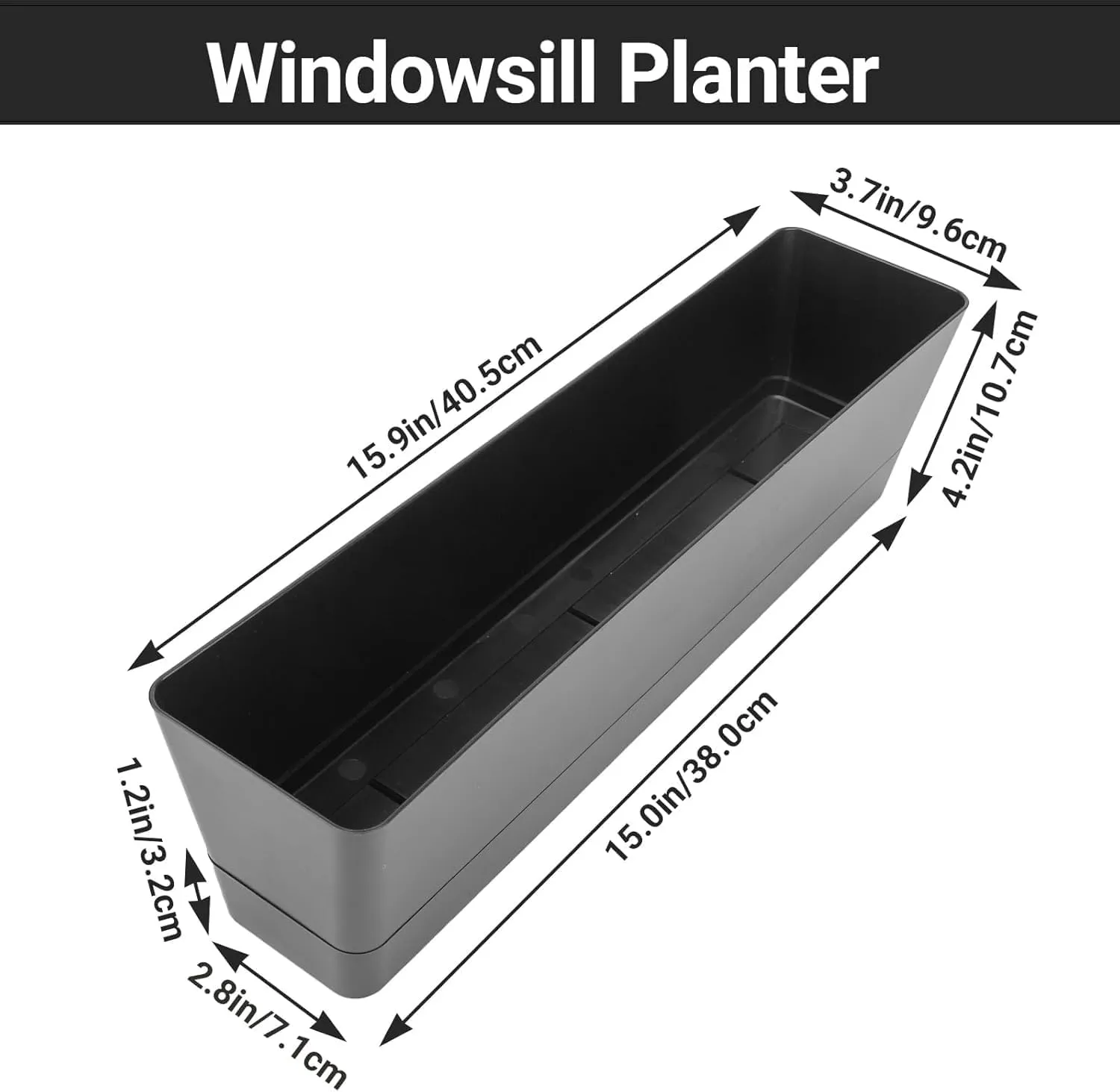 GREANER Window Boxes Planters, 3PCS 16x3.8 Inch Black Rectangle Planters Box with Drainage Holes and Trays, Herb Succulents Flowers Plastic Pot for Windowsill, Garden, Balcony, Indoor, Outdoor Decor