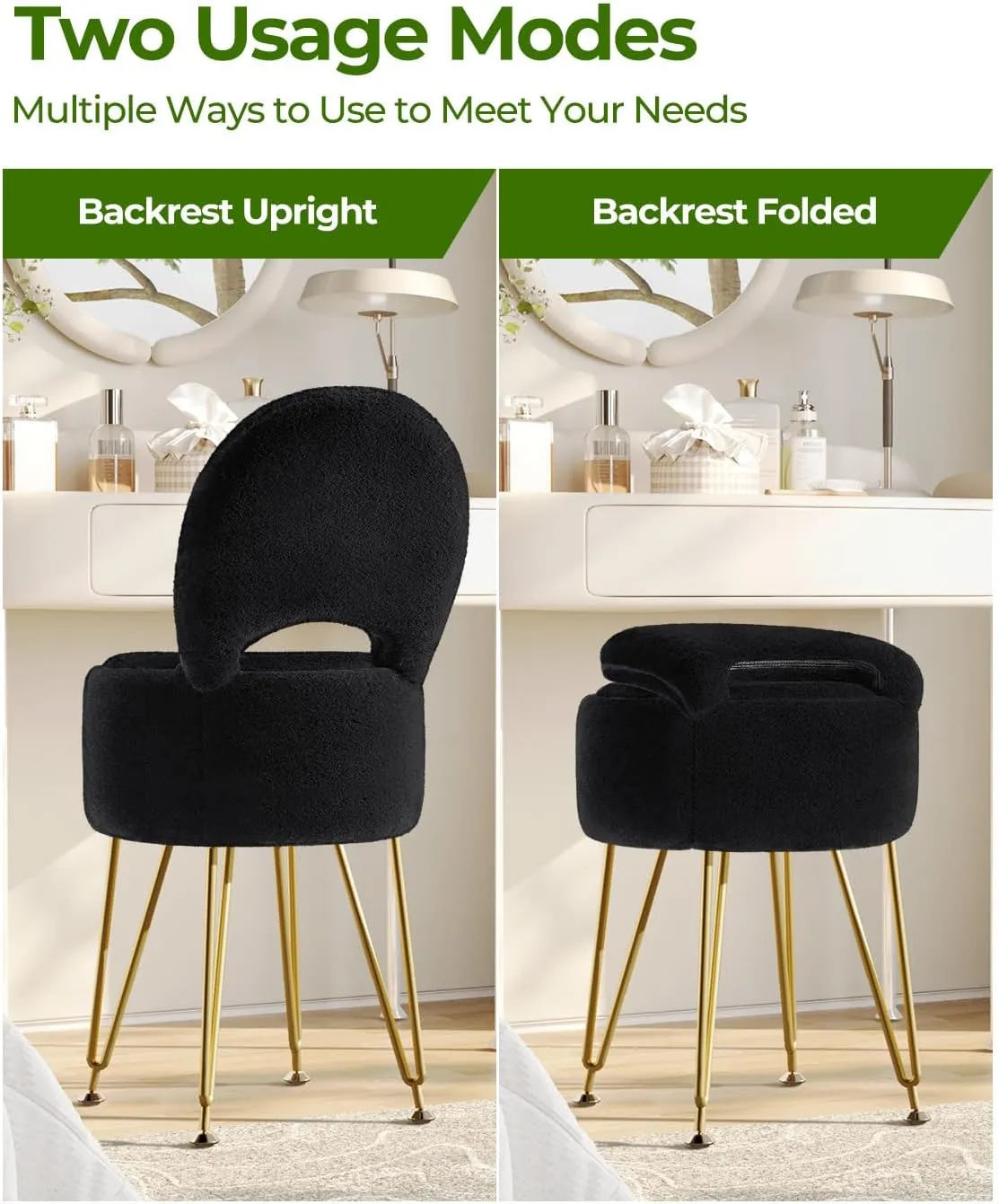 GREENSTELL Vanity Stool Chair with Storage and Folding Back, 15.7" x 15.7" x 19.5" Faux Fur Soft Ottoman for Adults, 4 Metal Legs with Anti-Slip Feet, Furry Padded Seat for Makeup, Bedroom, Black