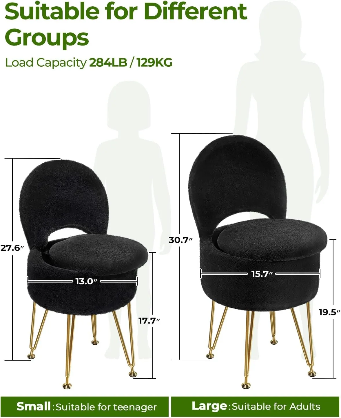 GREENSTELL Vanity Stool Chair with Storage and Folding Back, 15.7" x 15.7" x 19.5" Faux Fur Soft Ottoman for Adults, 4 Metal Legs with Anti-Slip Feet, Furry Padded Seat for Makeup, Bedroom, Black