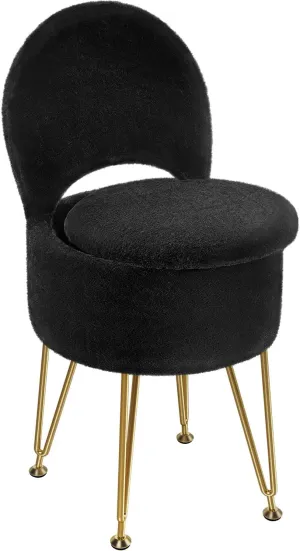 GREENSTELL Vanity Stool Chair with Storage and Folding Back, 15.7" x 15.7" x 19.5" Faux Fur Soft Ottoman for Adults, 4 Metal Legs with Anti-Slip Feet, Furry Padded Seat for Makeup, Bedroom, Black