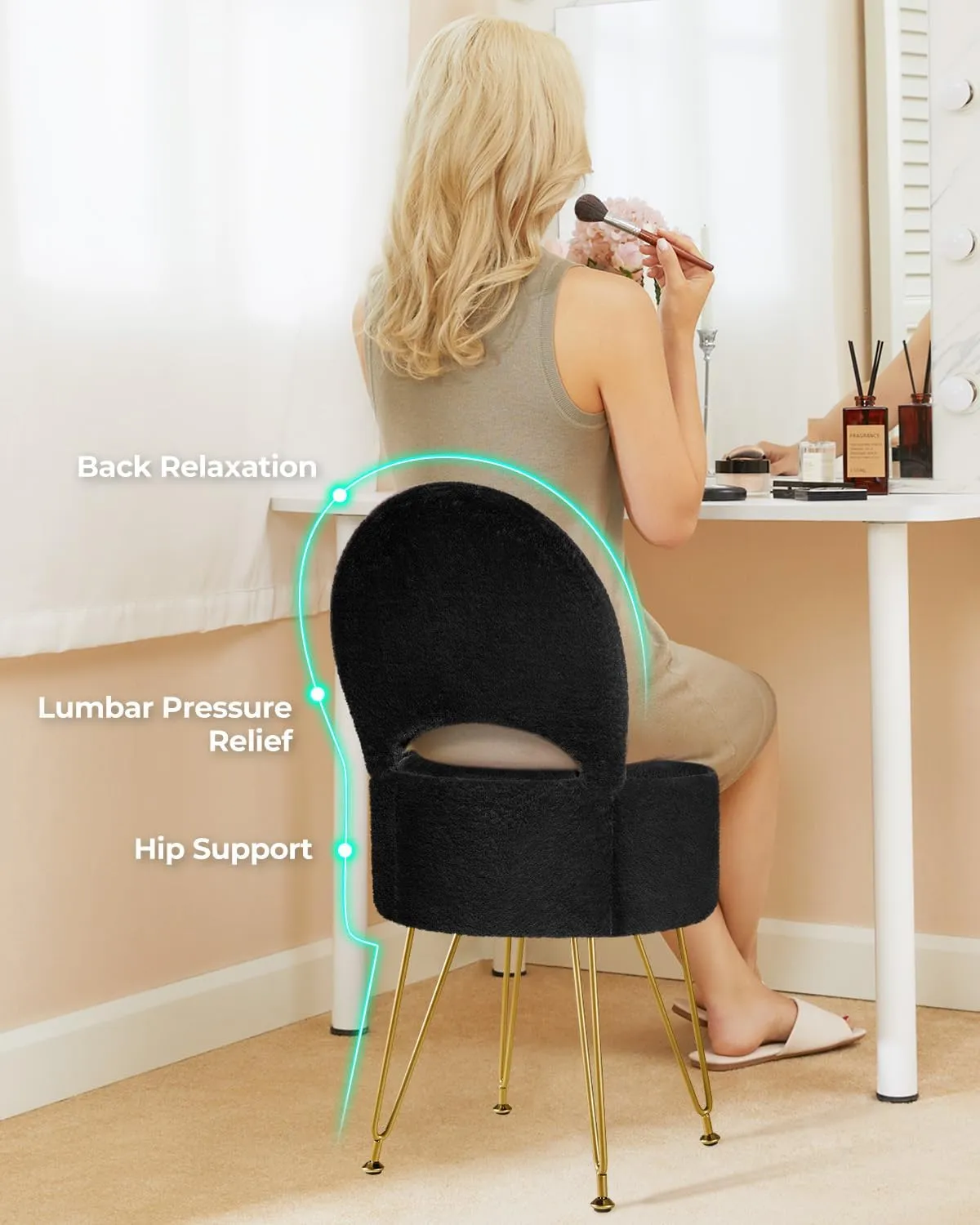 GREENSTELL Vanity Stool Chair with Storage and Folding Back, 15.7" x 15.7" x 19.5" Faux Fur Soft Ottoman for Adults, 4 Metal Legs with Anti-Slip Feet, Furry Padded Seat for Makeup, Bedroom, Black