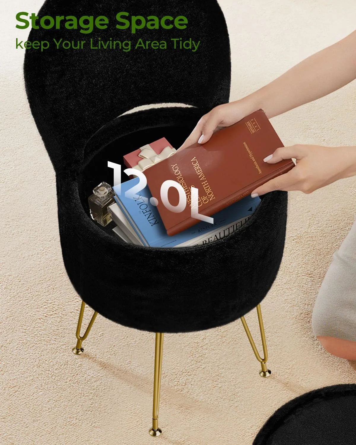 GREENSTELL Vanity Stool Chair with Storage and Folding Back, 15.7" x 15.7" x 19.5" Faux Fur Soft Ottoman for Adults, 4 Metal Legs with Anti-Slip Feet, Furry Padded Seat for Makeup, Bedroom, Black