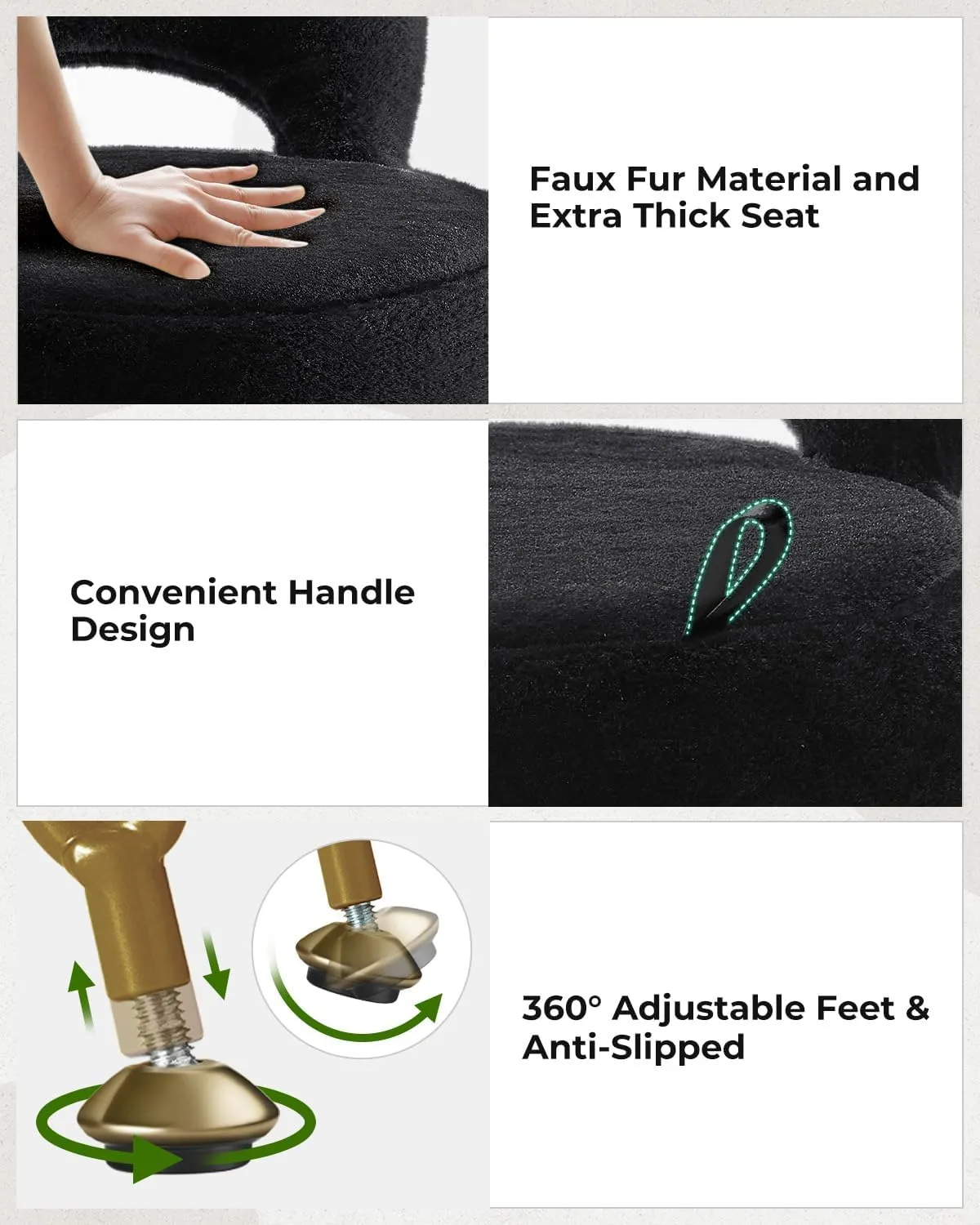 GREENSTELL Vanity Stool Chair with Storage and Folding Back, 15.7" x 15.7" x 19.5" Faux Fur Soft Ottoman for Adults, 4 Metal Legs with Anti-Slip Feet, Furry Padded Seat for Makeup, Bedroom, Black