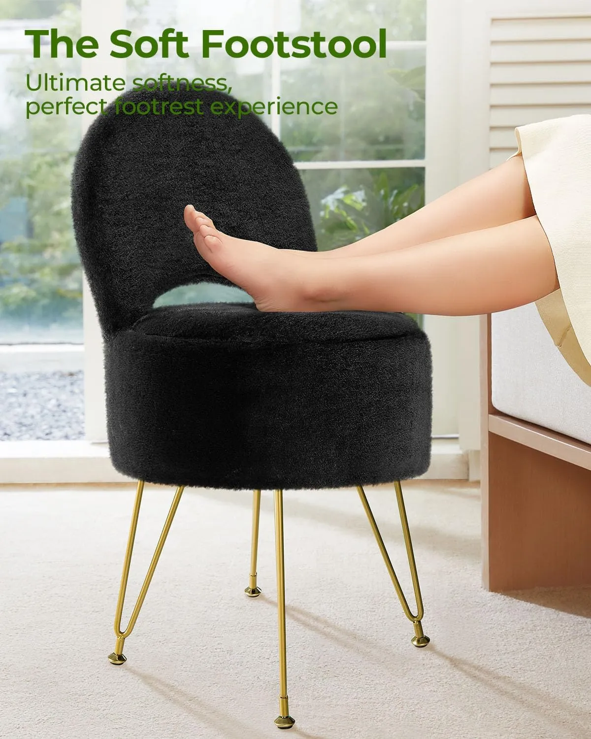 GREENSTELL Vanity Stool Chair with Storage and Folding Back, 15.7" x 15.7" x 19.5" Faux Fur Soft Ottoman for Adults, 4 Metal Legs with Anti-Slip Feet, Furry Padded Seat for Makeup, Bedroom, Black