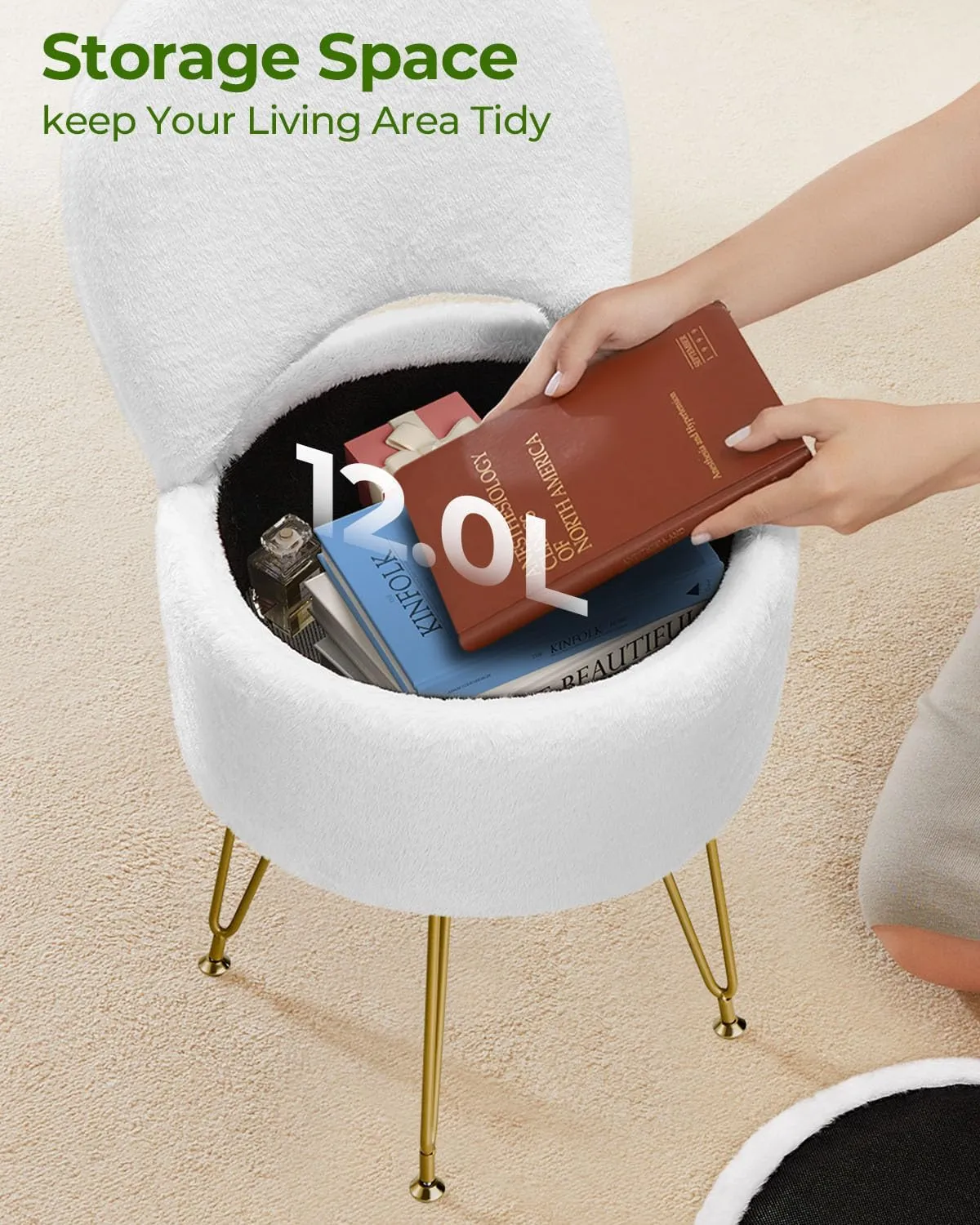 GREENSTELL Vanity Stool Chair with Storage and Folding Back, 15.7" x 15.7" x 19.5" Faux Fur Soft Ottoman for Adults, 4 Metal Legs with Anti-Slip Feet, Furry Padded Seat for Makeup, Bedroom, White