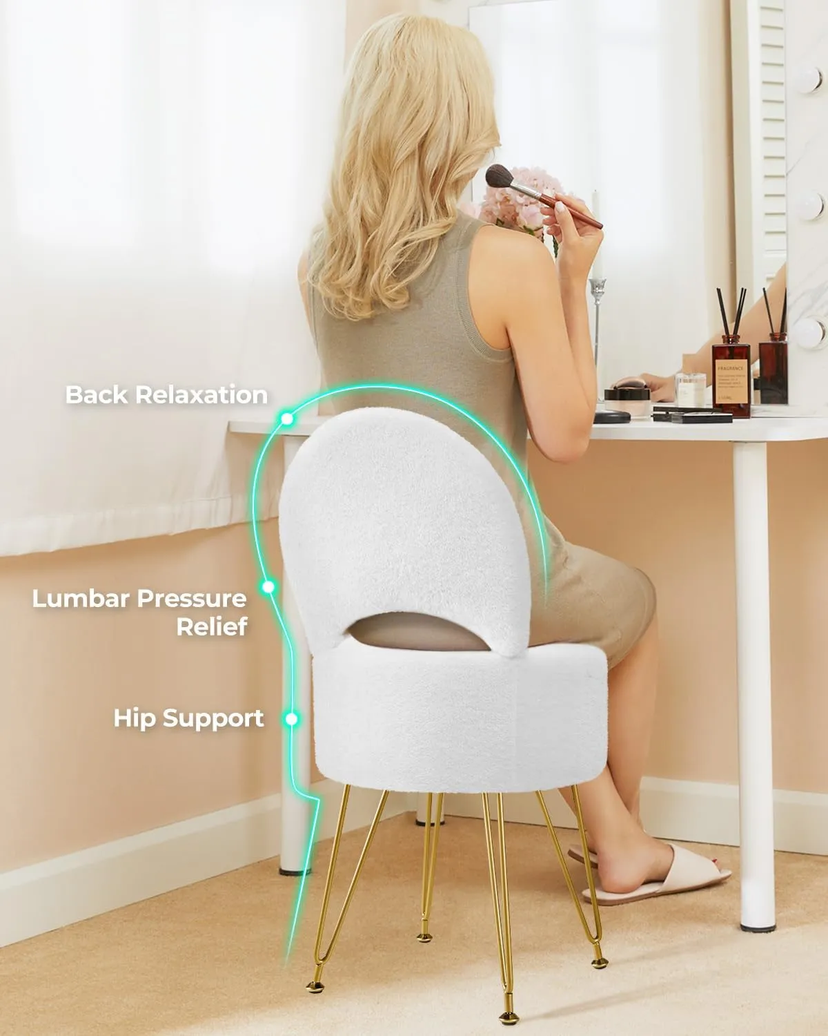 GREENSTELL Vanity Stool Chair with Storage and Folding Back, 15.7" x 15.7" x 19.5" Faux Fur Soft Ottoman for Adults, 4 Metal Legs with Anti-Slip Feet, Furry Padded Seat for Makeup, Bedroom, White