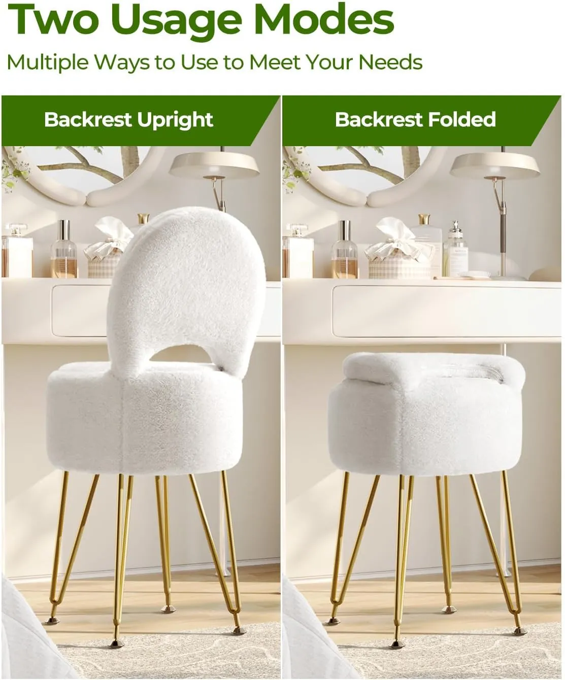 GREENSTELL Vanity Stool Chair with Storage and Folding Back, 15.7" x 15.7" x 19.5" Faux Fur Soft Ottoman for Adults, 4 Metal Legs with Anti-Slip Feet, Furry Padded Seat for Makeup, Bedroom, White
