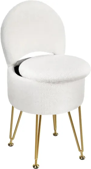 GREENSTELL Vanity Stool Chair with Storage and Folding Back, 15.7" x 15.7" x 19.5" Faux Fur Soft Ottoman for Adults, 4 Metal Legs with Anti-Slip Feet, Furry Padded Seat for Makeup, Bedroom, White