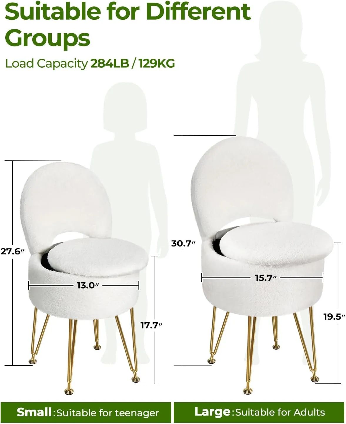 GREENSTELL Vanity Stool Chair with Storage and Folding Back, 15.7" x 15.7" x 19.5" Faux Fur Soft Ottoman for Adults, 4 Metal Legs with Anti-Slip Feet, Furry Padded Seat for Makeup, Bedroom, White
