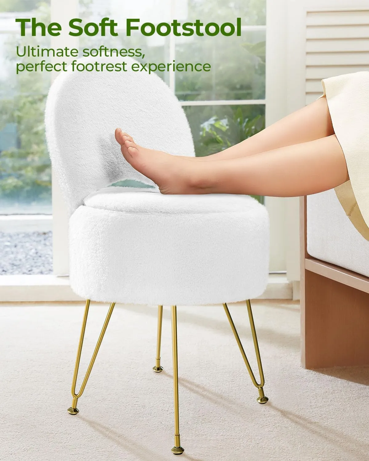 GREENSTELL Vanity Stool Chair with Storage and Folding Back, 15.7" x 15.7" x 19.5" Faux Fur Soft Ottoman for Adults, 4 Metal Legs with Anti-Slip Feet, Furry Padded Seat for Makeup, Bedroom, White