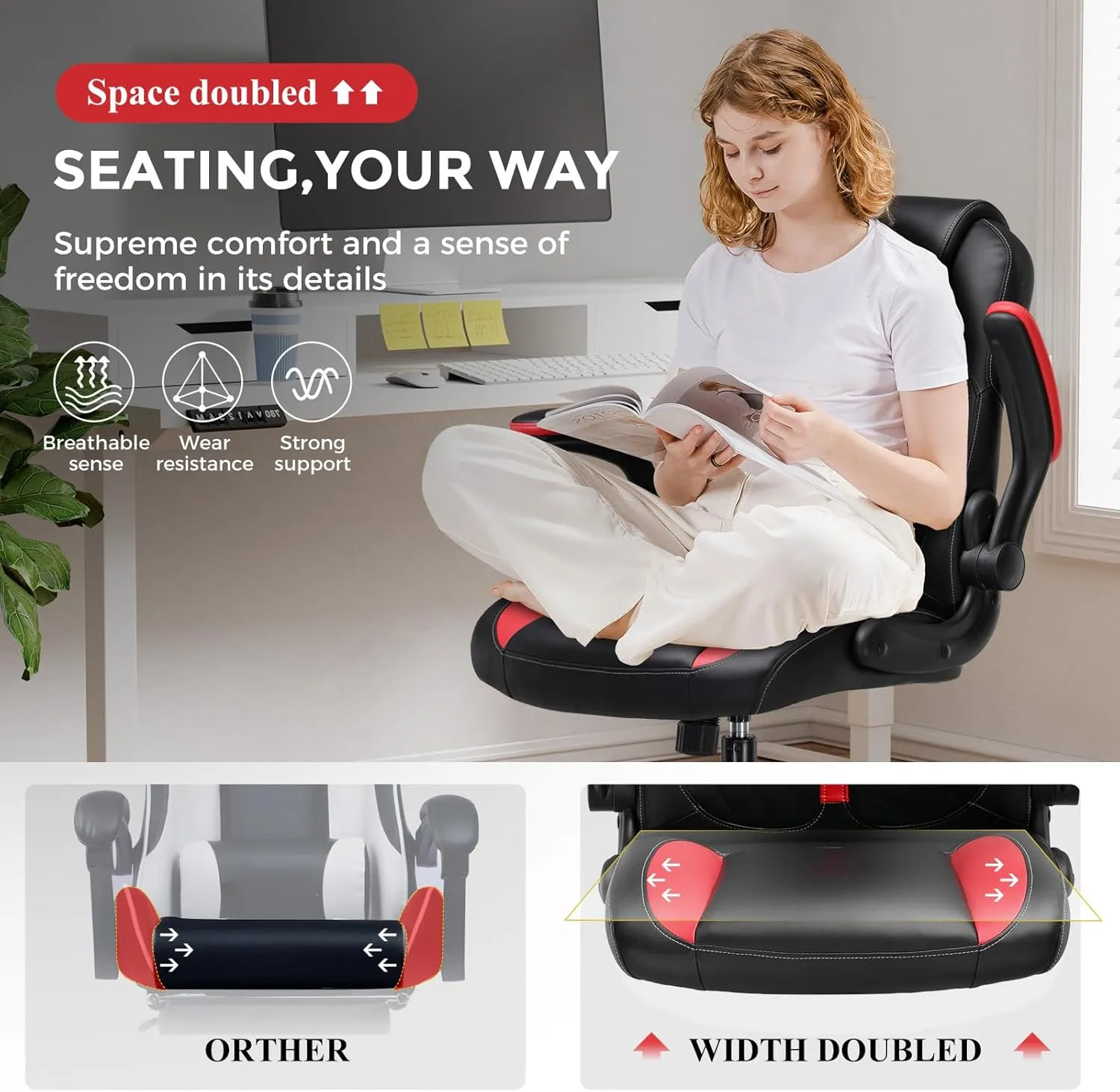 GTPLAYER Gaming Chair with Flip-Up Armrest, Video Gaming Chair with Rocking Function, Ergonomic Computer Gaming Chair with High-Density Sponge and Adjustable Height (Oil RED)