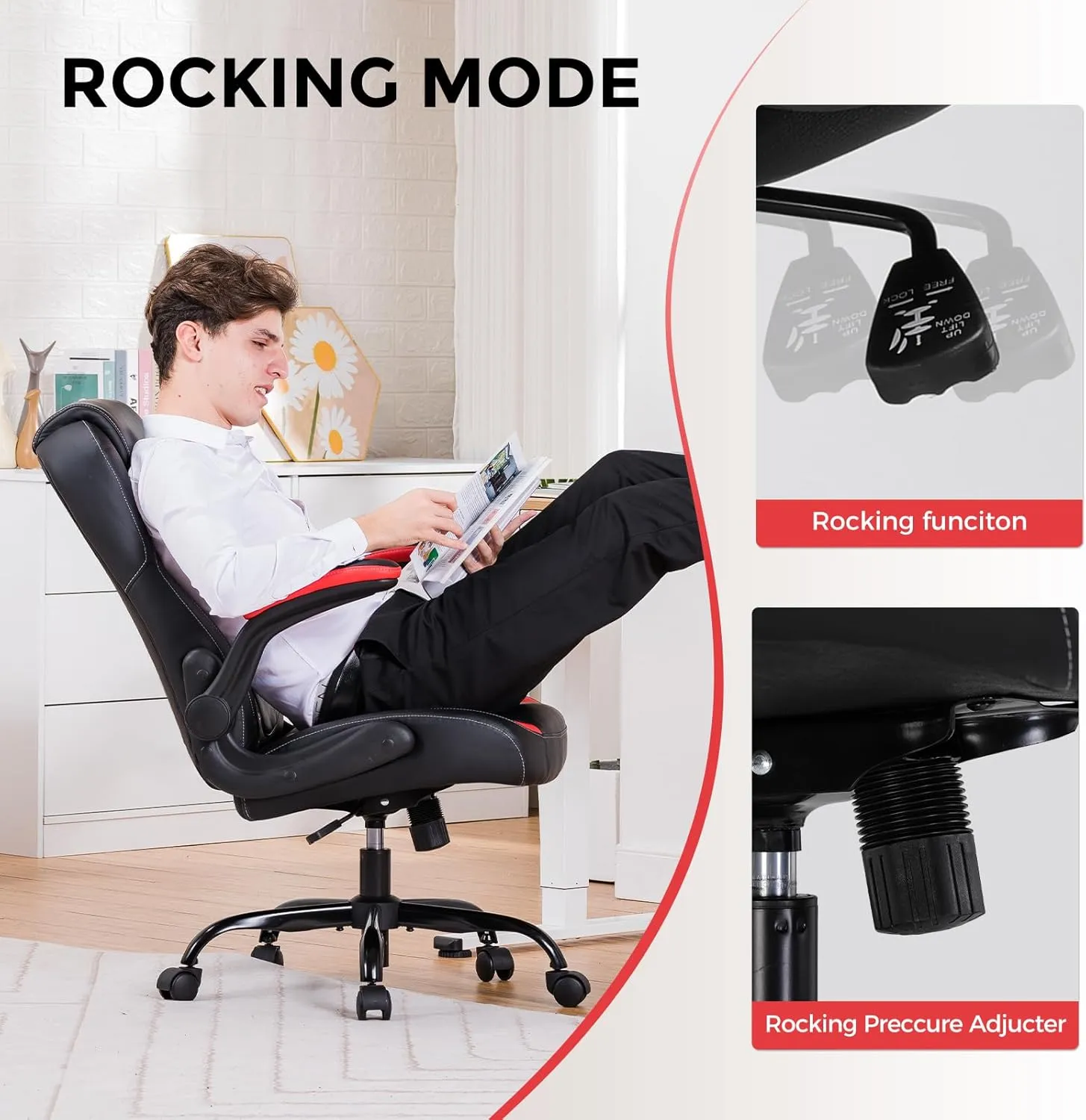 GTPLAYER Gaming Chair with Flip-Up Armrest, Video Gaming Chair with Rocking Function, Ergonomic Computer Gaming Chair with High-Density Sponge and Adjustable Height (Oil RED)