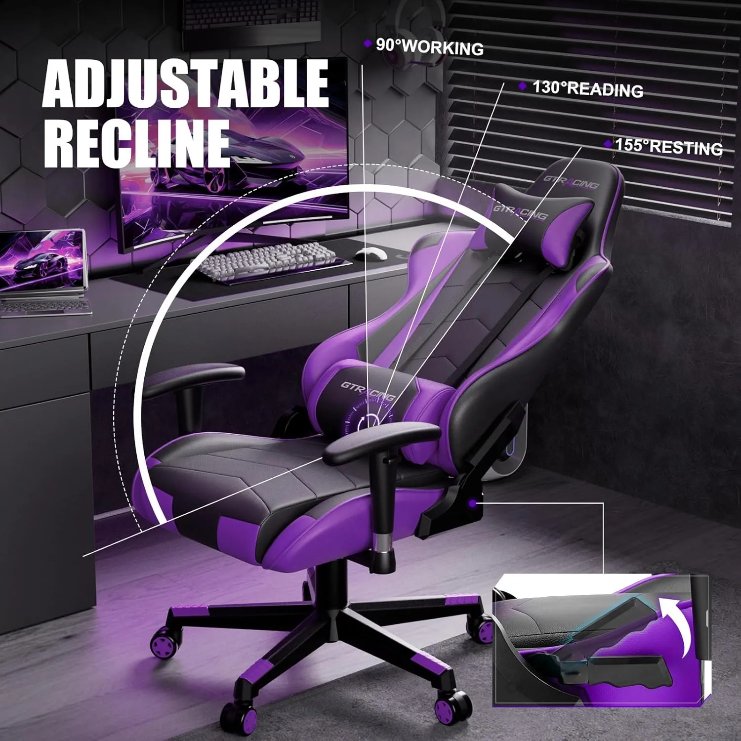 GTRACING Gaming Chair, Ergonomic Office Computer Chair with Lumbar & Headrest Support, Swivel Video Game Chair with Height & Armrest Adjustable for Adults, Purple