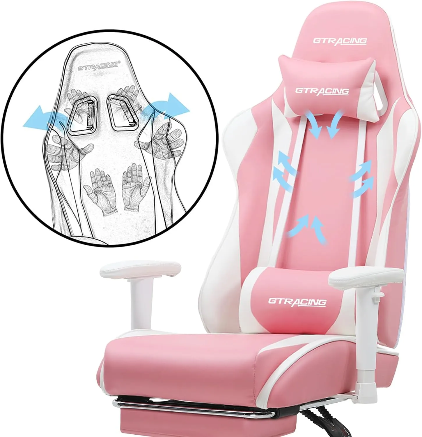 GTRACING Gaming Chair with Footrest, Ergonomic Computer Game Desk Chair, Reclining Gamer Chair Seat Height Adjustment, Swivel Rocker with Headrest and Lumbar (Pink)