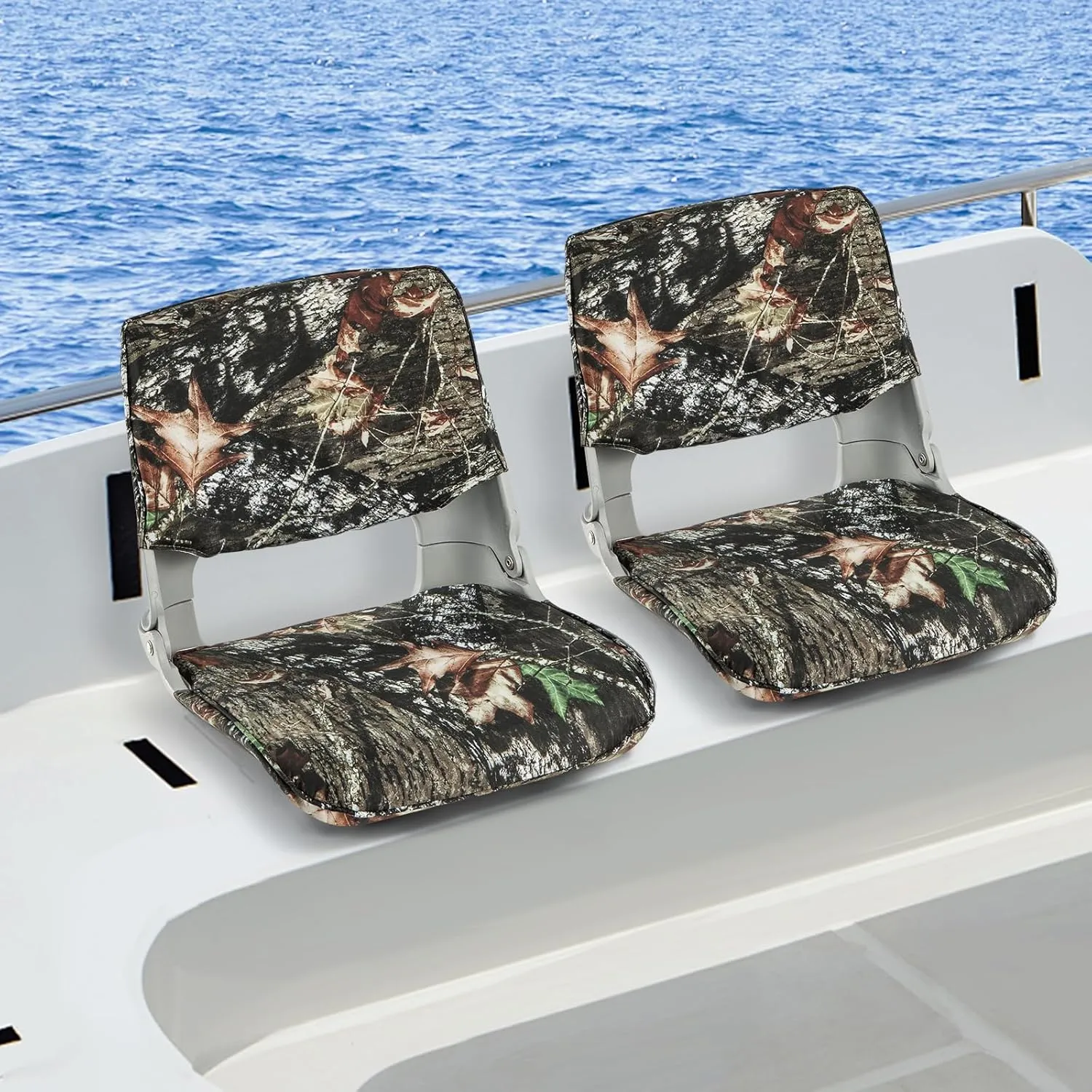 GYMAX Boat Seats, Folding Low/High Back Boat Seats with Stainless Steel Screw Included, Fold-Down Boat Captain Chairs for Fishing Yachts (2-Pack,Camo Gray,Low Back)