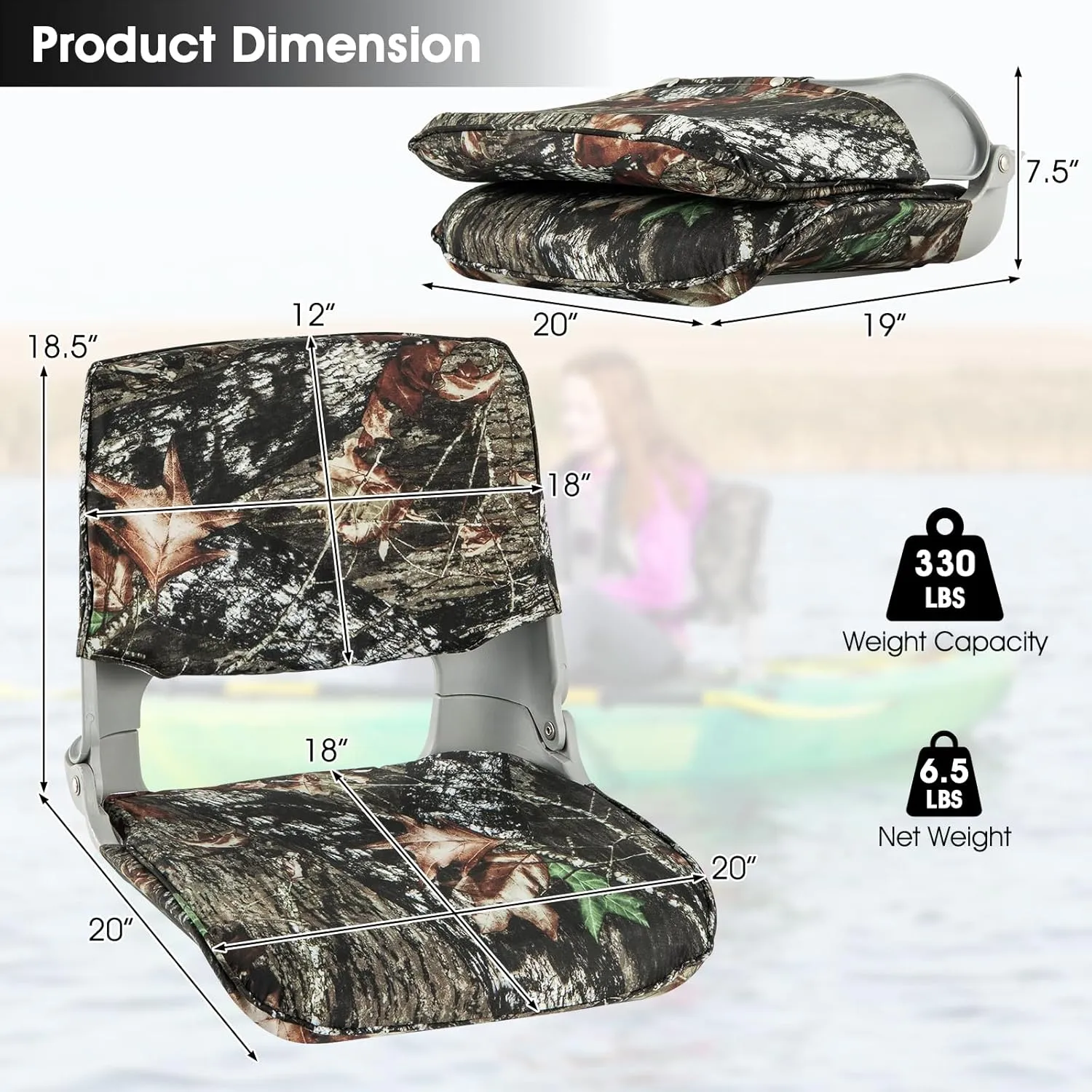 GYMAX Boat Seats, Folding Low/High Back Boat Seats with Stainless Steel Screw Included, Fold-Down Boat Captain Chairs for Fishing Yachts (2-Pack,Camo Gray,Low Back)