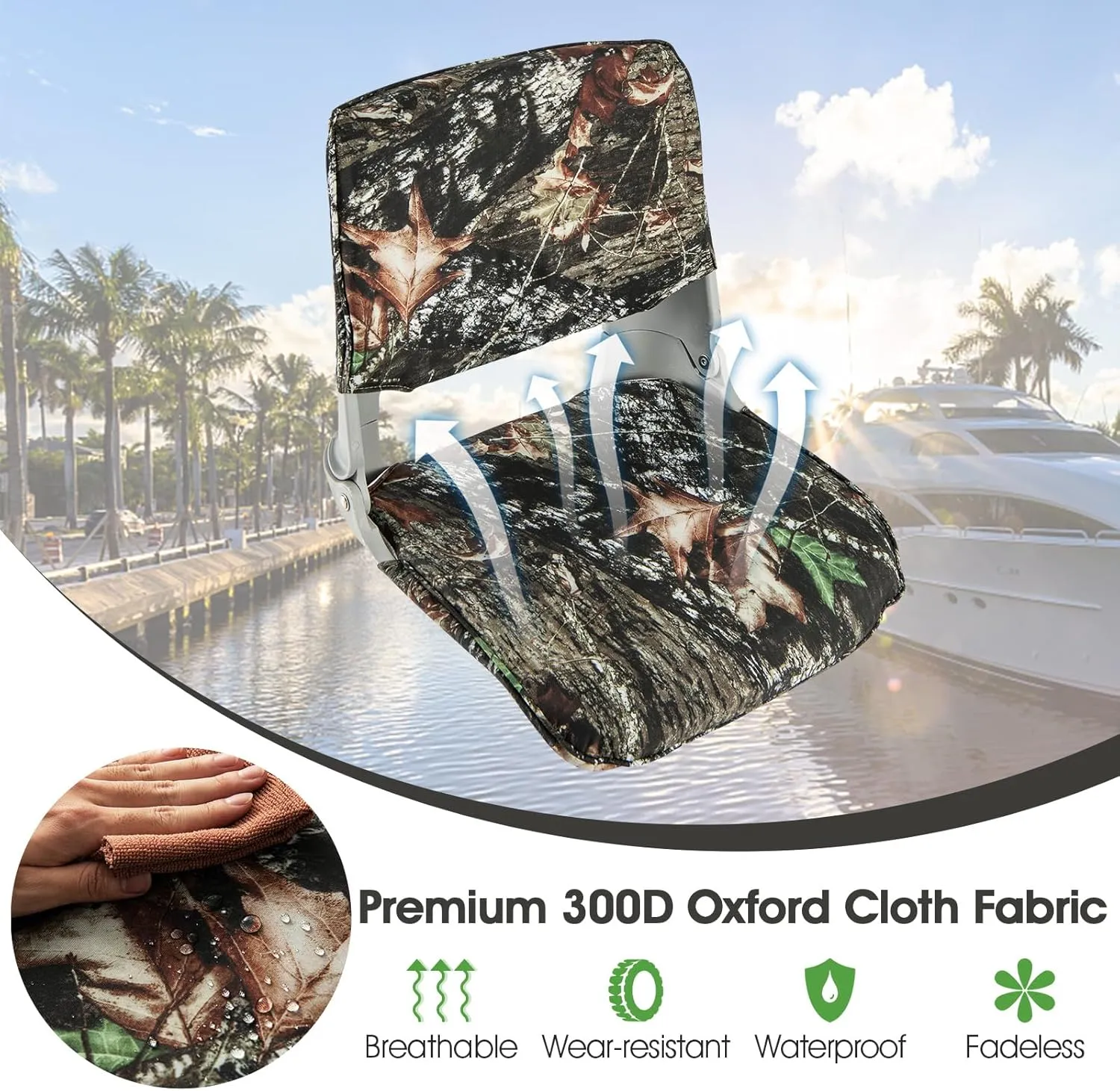 GYMAX Boat Seats, Folding Low/High Back Boat Seats with Stainless Steel Screw Included, Fold-Down Boat Captain Chairs for Fishing Yachts (2-Pack,Camo Gray,Low Back)