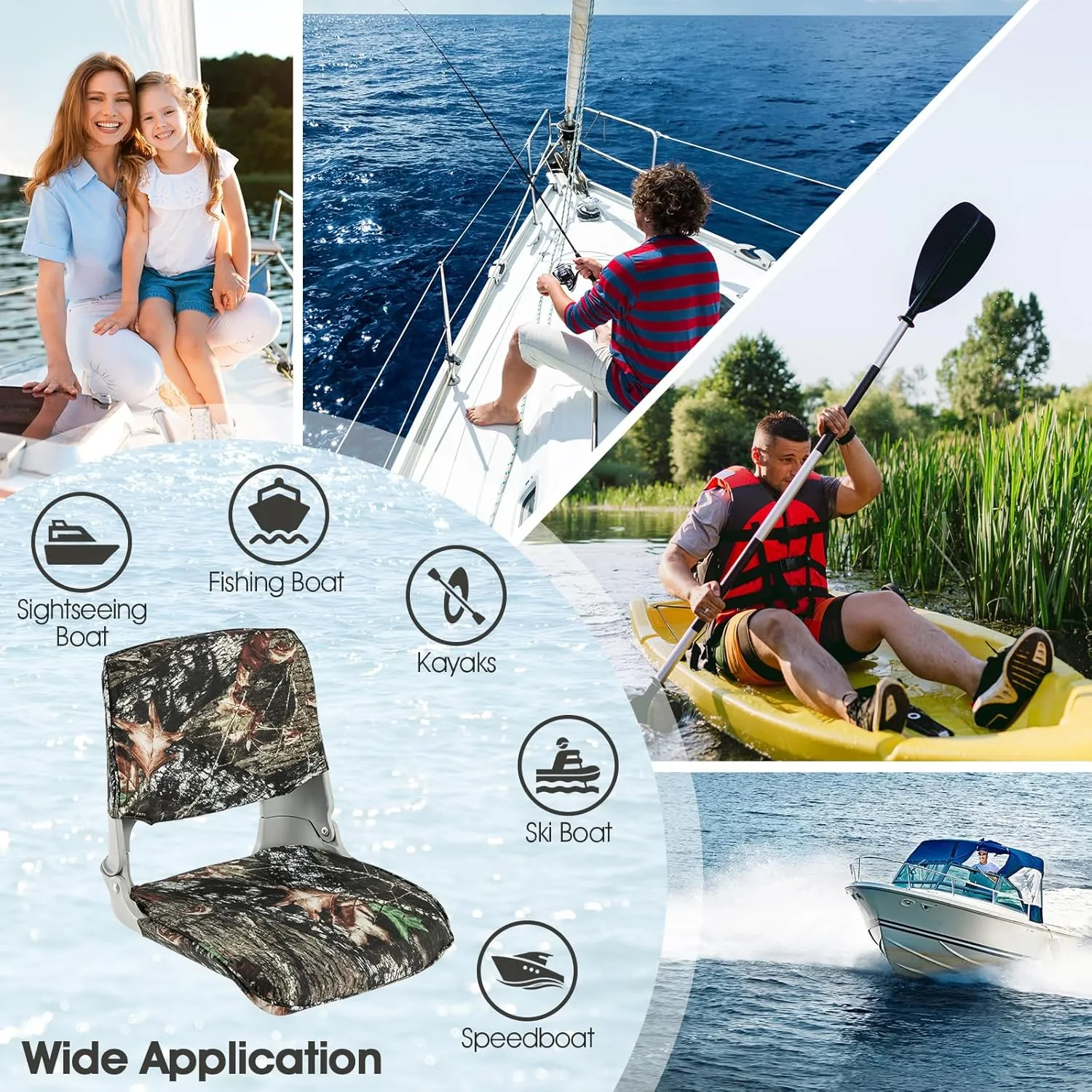 GYMAX Boat Seats, Folding Low/High Back Boat Seats with Stainless Steel Screw Included, Fold-Down Boat Captain Chairs for Fishing Yachts (2-Pack,Camo Gray,Low Back)