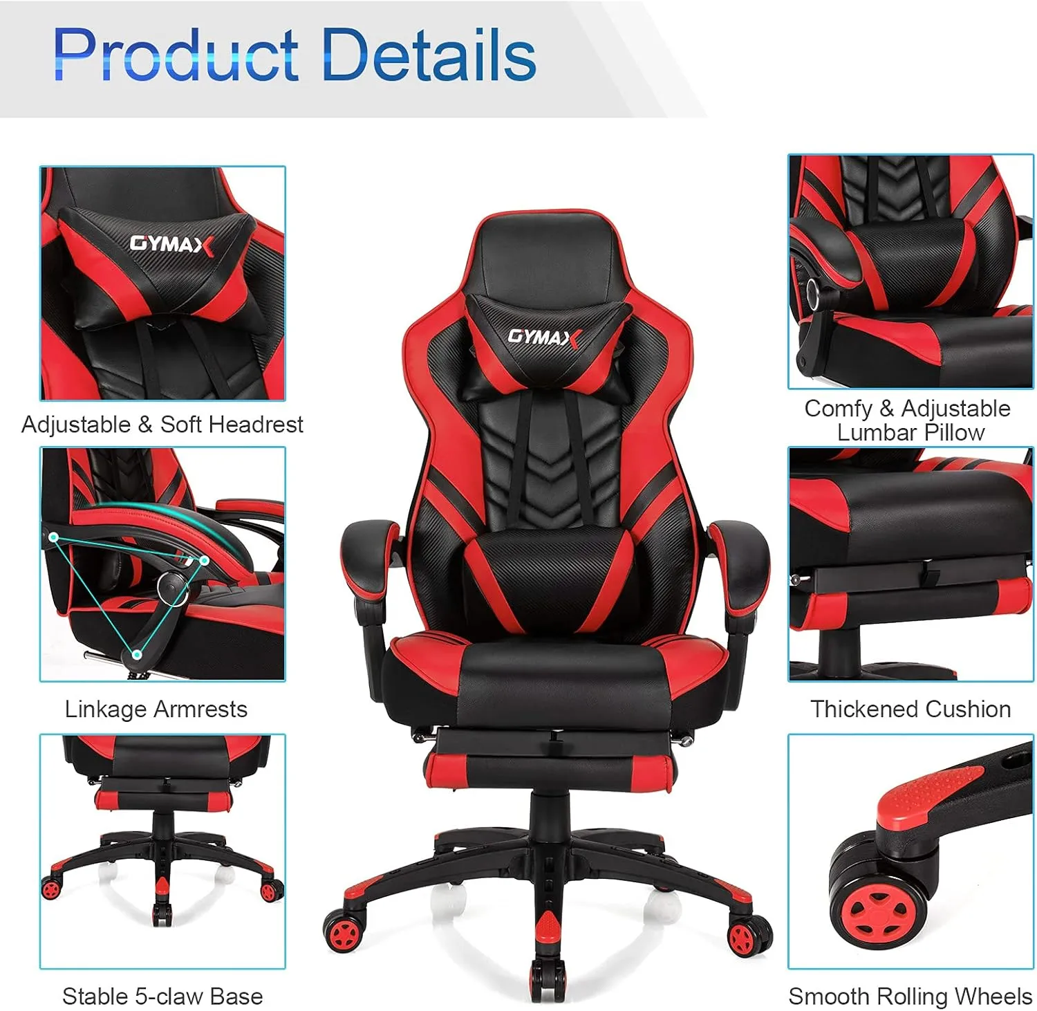 GYMAX Gaming Chair, Ergonomic Computer Chair with Footrest, Linkage Armrests & Lumbar Cushion, Big Wide High Back Video Gaming Chair, Reclining Office Rolling Chair for Adult/Teens (Red)