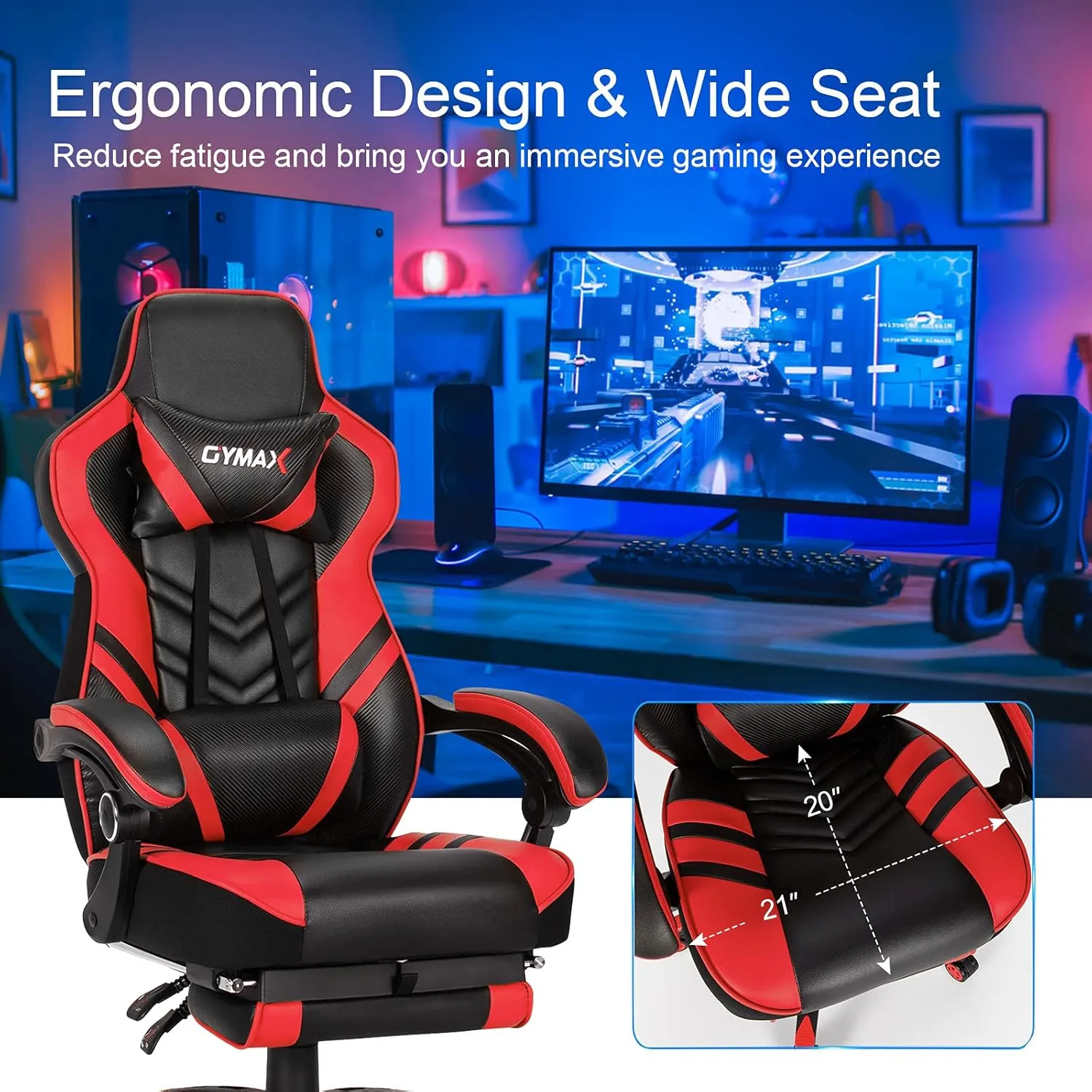 GYMAX Gaming Chair, Ergonomic Computer Chair with Footrest, Linkage Armrests & Lumbar Cushion, Big Wide High Back Video Gaming Chair, Reclining Office Rolling Chair for Adult/Teens (Red)