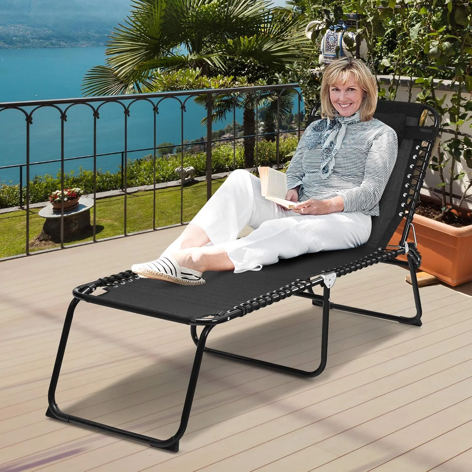 GYMAX Tanning Chair, Extra High Lounge Chair with Removable Pillow, Detachable Side Pocket & Adjustable Backrest, Folding Chaise Lounger for Sunbath, Layout Beach Chair for Indoor/Outdoor (1, Black)