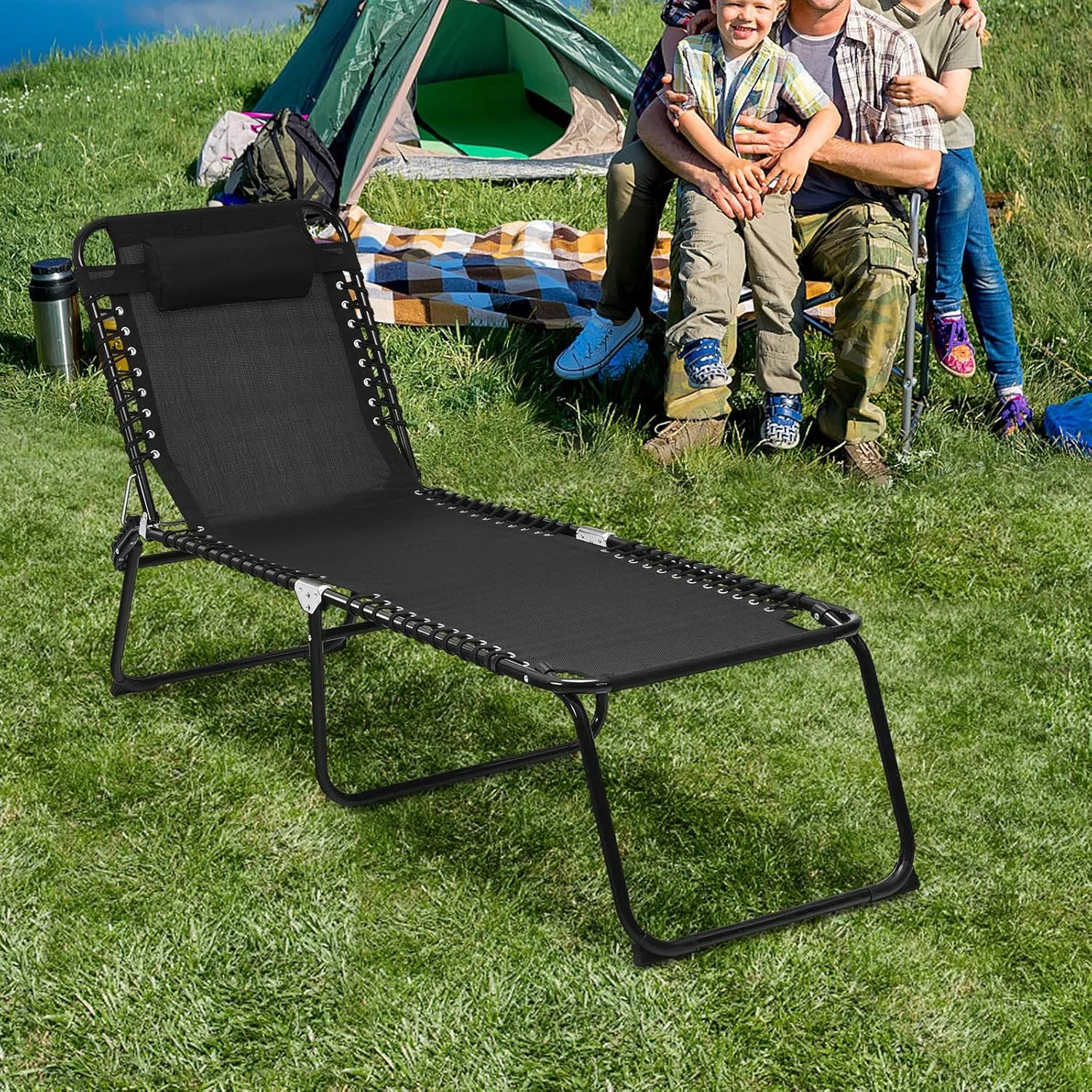 GYMAX Tanning Chair, Extra High Lounge Chair with Removable Pillow, Detachable Side Pocket & Adjustable Backrest, Folding Chaise Lounger for Sunbath, Layout Beach Chair for Indoor/Outdoor (1, Black)