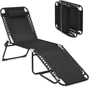 GYMAX Tanning Chair, Extra High Lounge Chair with Removable Pillow, Detachable Side Pocket & Adjustable Backrest, Folding Chaise Lounger for Sunbath, Layout Beach Chair for Indoor/Outdoor (1, Black)