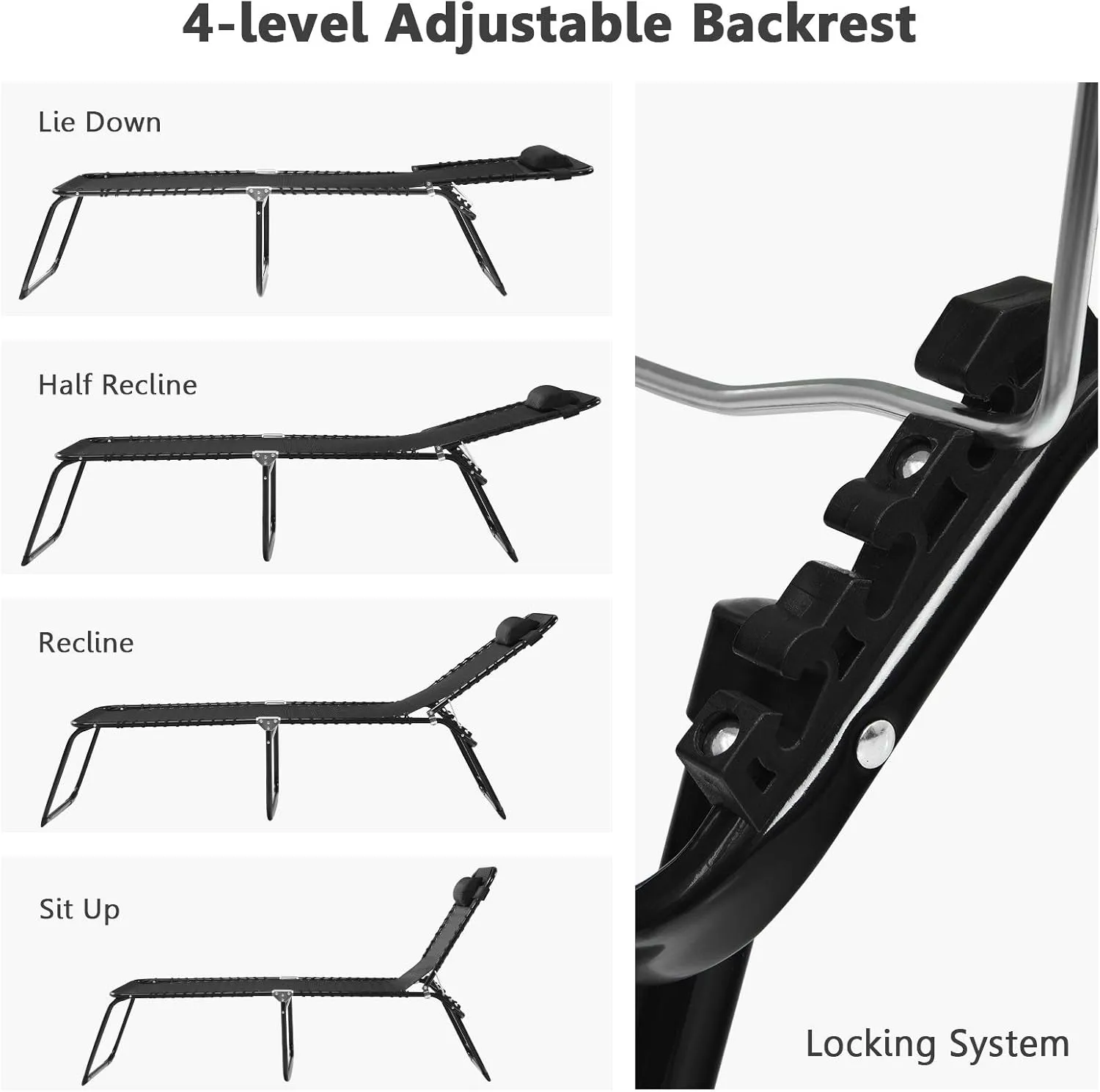 GYMAX Tanning Chair, Extra High Lounge Chair with Removable Pillow, Detachable Side Pocket & Adjustable Backrest, Folding Chaise Lounger for Sunbath, Layout Beach Chair for Indoor/Outdoor (1, Black)
