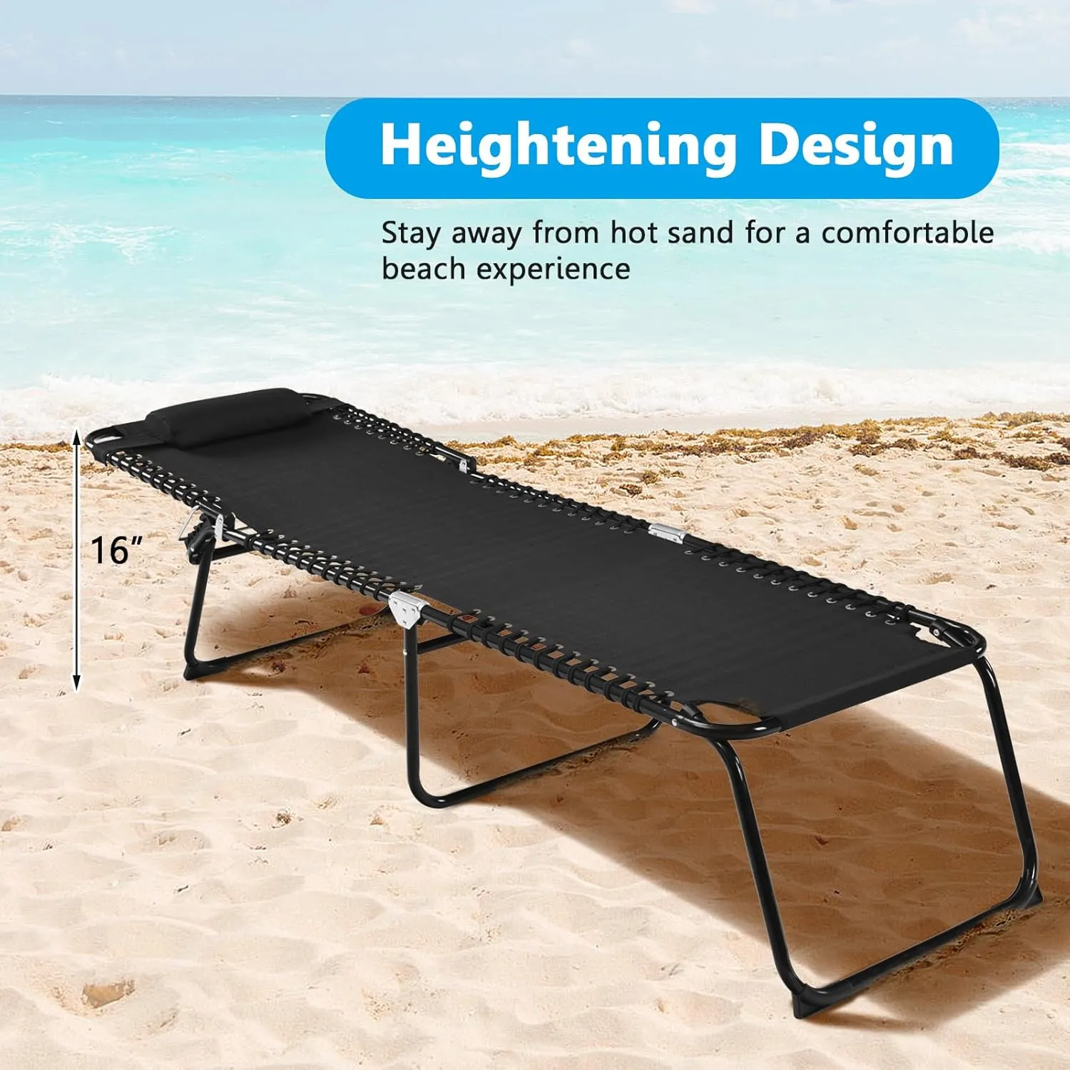 GYMAX Tanning Chair, Extra High Lounge Chair with Removable Pillow, Detachable Side Pocket & Adjustable Backrest, Folding Chaise Lounger for Sunbath, Layout Beach Chair for Indoor/Outdoor (1, Black)