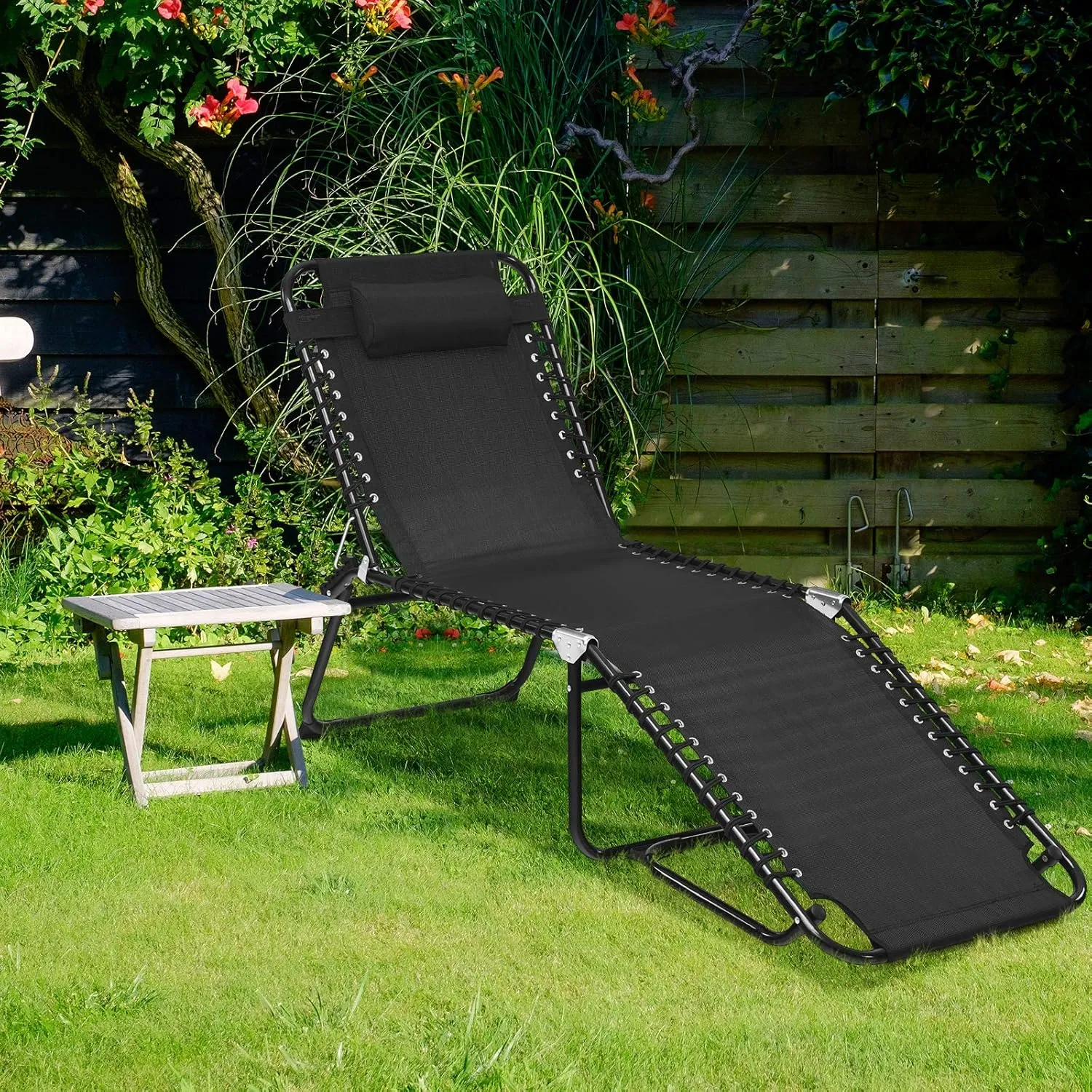 GYMAX Tanning Chair, Extra High Lounge Chair with Removable Pillow, Detachable Side Pocket & Adjustable Backrest, Folding Chaise Lounger for Sunbath, Layout Beach Chair for Indoor/Outdoor (1, Black)