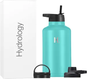 H2 Hydrology Sport Water Bottle 3 LIDS (Straw Lid & Spout Lid) | Double Wall Vacuum Insulated Stainless Steel Wide Mouth | Sports Hot & Cold Leak Proof Sweat Free Thermos (64 oz, Aquamarine)