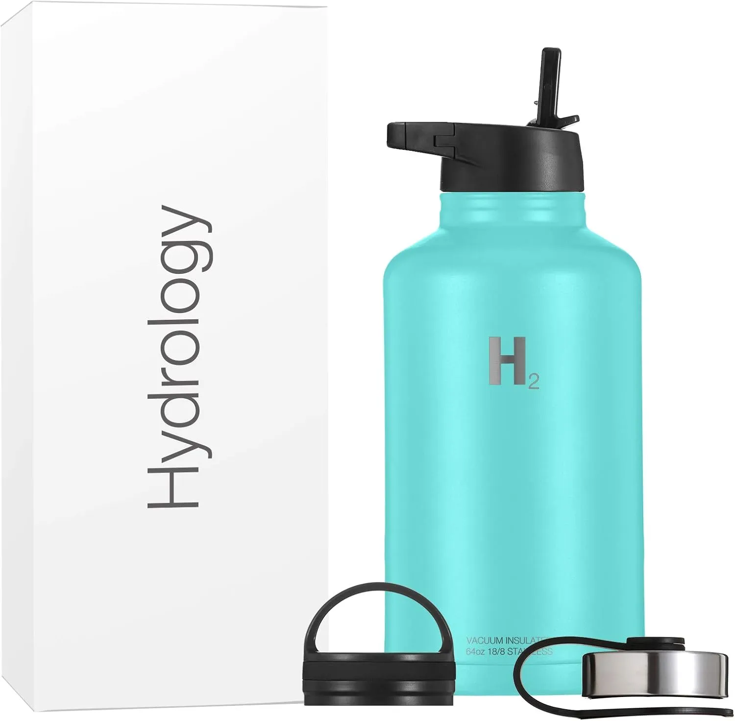 H2 Hydrology Water Bottle - 18 oz, 22 oz, 32 oz, 40 oz, or 64 oz with 3 LIDS Double Wall Vacuum Insulated Stainless Steel Wide Mouth Sports Hot & Cold Thermos (64 oz, Aquamarine)