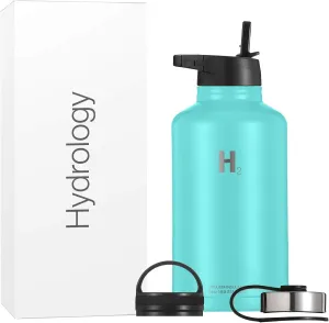 H2 Hydrology Water Bottle - 18 oz, 22 oz, 32 oz, 40 oz, or 64 oz with 3 LIDS Double Wall Vacuum Insulated Stainless Steel Wide Mouth Sports Hot & Cold Thermos (64 oz, Aquamarine)