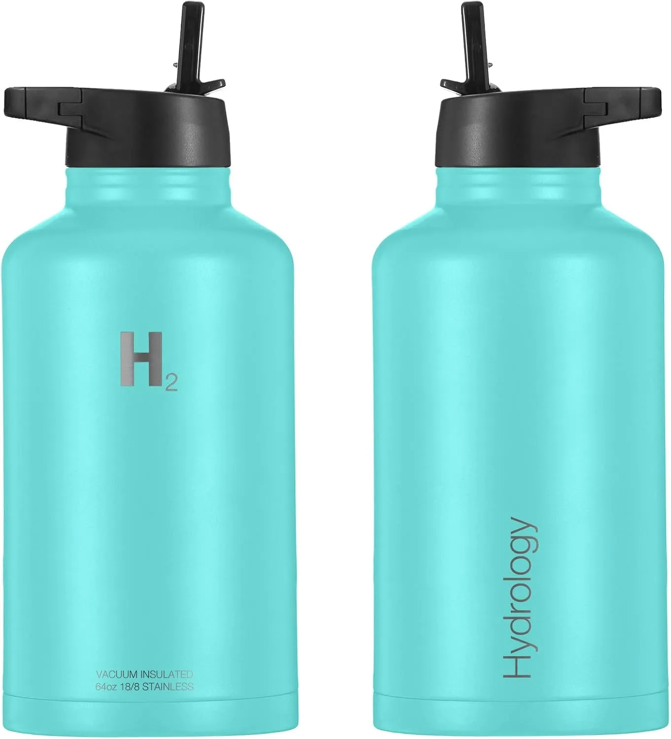 H2 Hydrology Water Bottle - 18 oz, 22 oz, 32 oz, 40 oz, or 64 oz with 3 LIDS Double Wall Vacuum Insulated Stainless Steel Wide Mouth Sports Hot & Cold Thermos (64 oz, Aquamarine)
