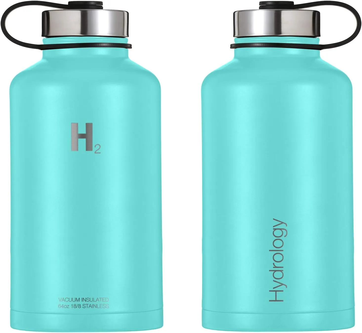 H2 Hydrology Water Bottle - 18 oz, 22 oz, 32 oz, 40 oz, or 64 oz with 3 LIDS Double Wall Vacuum Insulated Stainless Steel Wide Mouth Sports Hot & Cold Thermos (64 oz, Aquamarine)