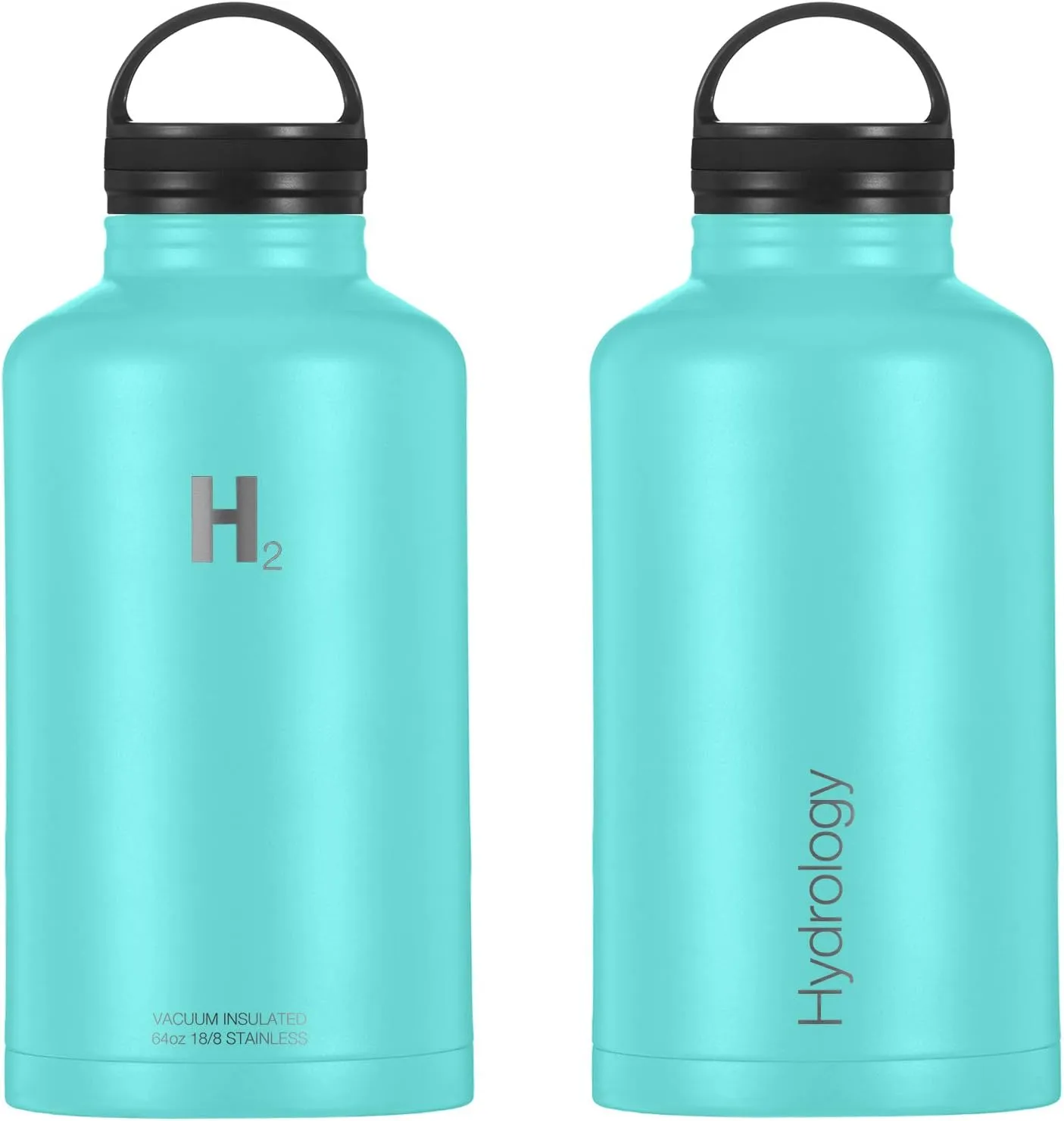 H2 Hydrology Water Bottle - 18 oz, 22 oz, 32 oz, 40 oz, or 64 oz with 3 LIDS Double Wall Vacuum Insulated Stainless Steel Wide Mouth Sports Hot & Cold Thermos (64 oz, Aquamarine)
