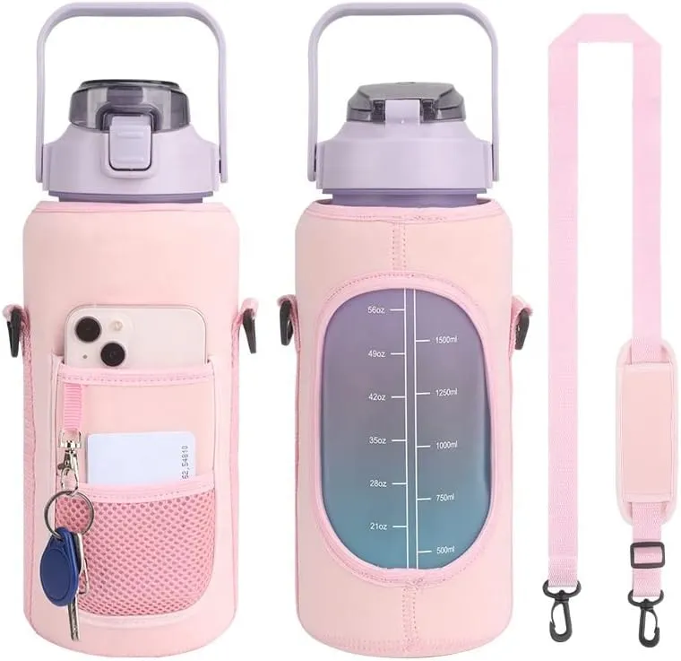 Half gallon water bottle sleeve- 64oz water bottle sleeve with strap -Gym water bottles for adult, Leakproof water bottle with cellphone holder and key holder. (Black.)