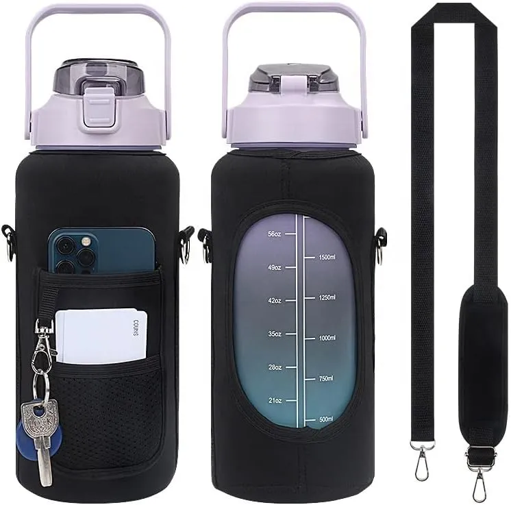 Half gallon water bottle sleeve- 64oz water bottle sleeve with strap -Gym water bottles for adult, Leakproof water bottle with cellphone holder and key holder. (Black.)
