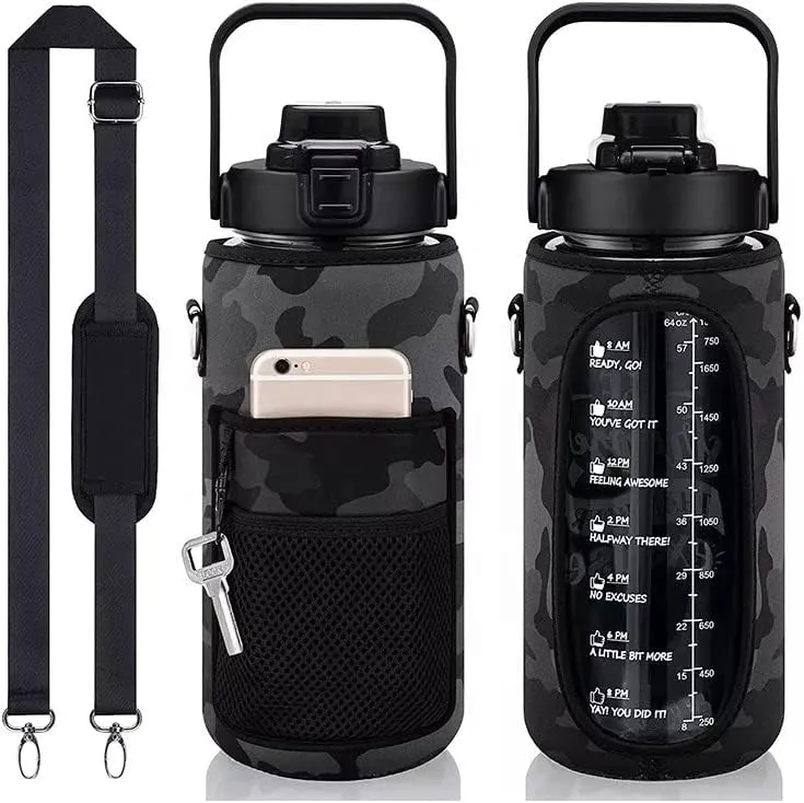 Half gallon water bottle sleeve- 64oz water bottle sleeve with strap -Gym water bottles for adult, Leakproof water bottle with cellphone holder and key holder. (Black.)