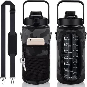 Half gallon water bottle sleeve- 64oz water bottle sleeve with strap -Gym water bottles for adult, Leakproof water bottle with cellphone holder and key holder. (Black.)