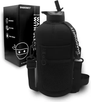 Half Gallon Water Bottles (74 ounce, 2.2 Liter) with Straw Lid Handle and Storage Sleeve - Large Jug Holder with Strap for Drinking during Workout and Exercise