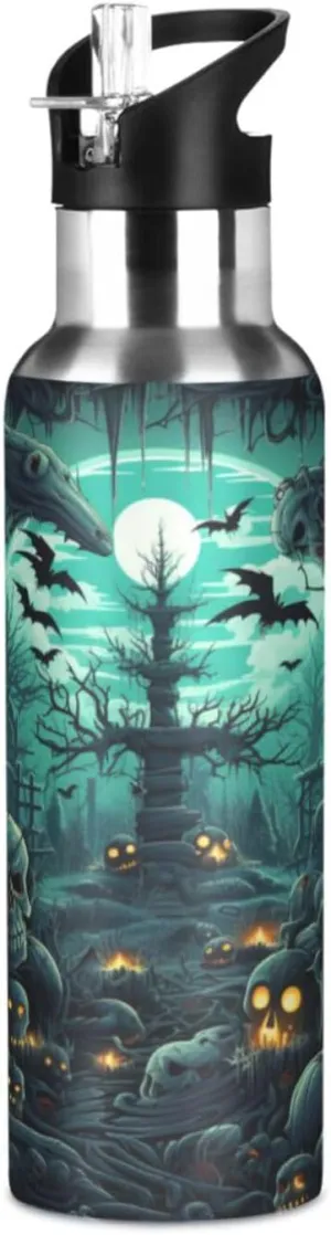 Halloween Style Dark Art Sport Water Bottle Insulated Stainless Steel Large Vacuum Flask Leak Proof Thermos with Straw for Travel(600ml/1000ml)