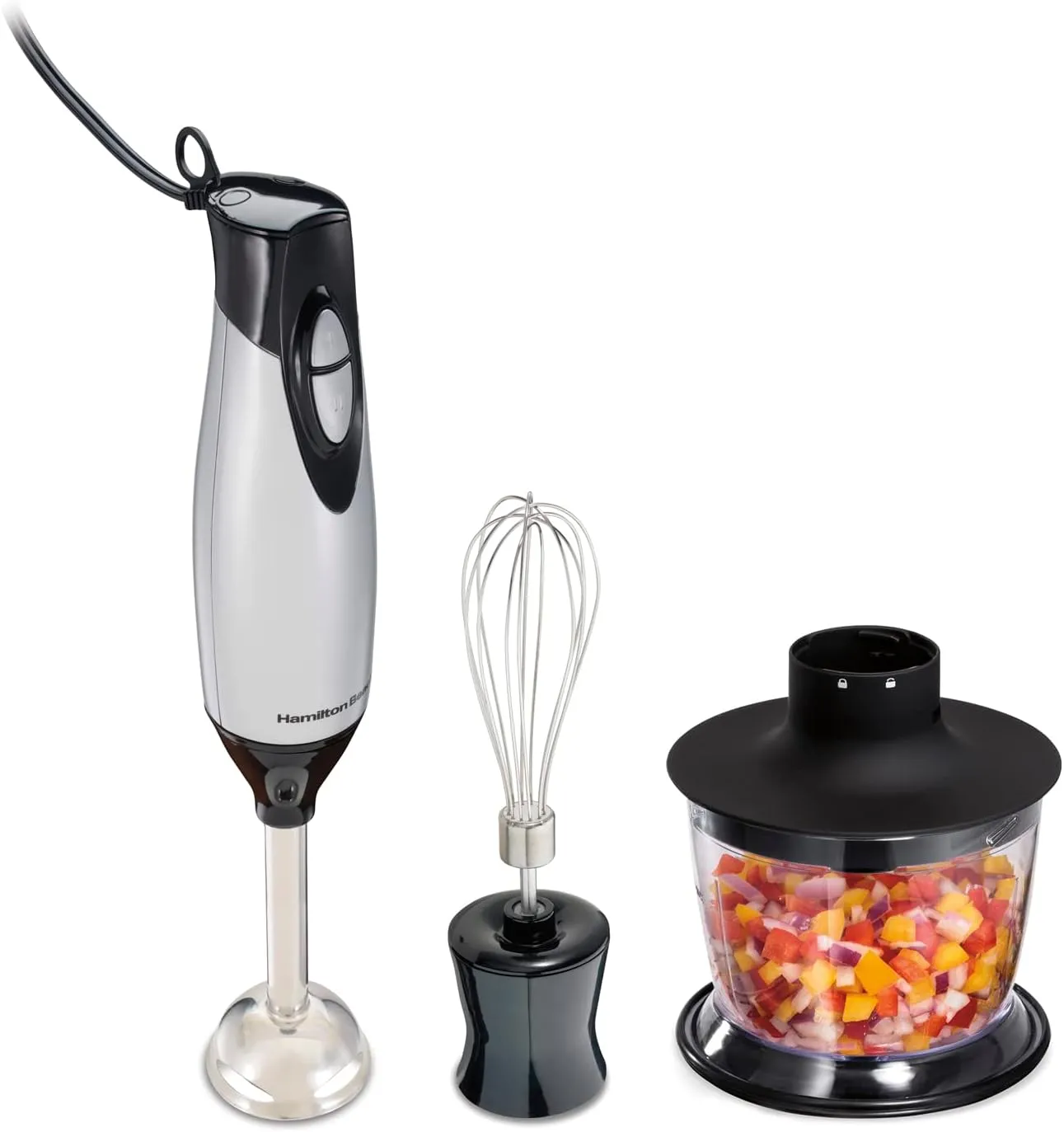 Hamilton Beach 4-in-1 Electric Immersion Hand Blender with Handheld Blending Stick, Whisk   3-Cup Food & Vegetable Chopper Bowl, 2-Speeds, 225 Watts, Silver and Stainless Steel (59765)
