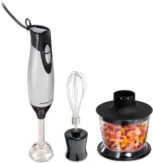 Hamilton Beach 4-in-1 Electric Immersion Hand Blender with Handheld Blending Stick, Whisk   3-Cup Food & Vegetable Chopper Bowl, 2-Speeds, 225 Watts, Silver and Stainless Steel (59765)