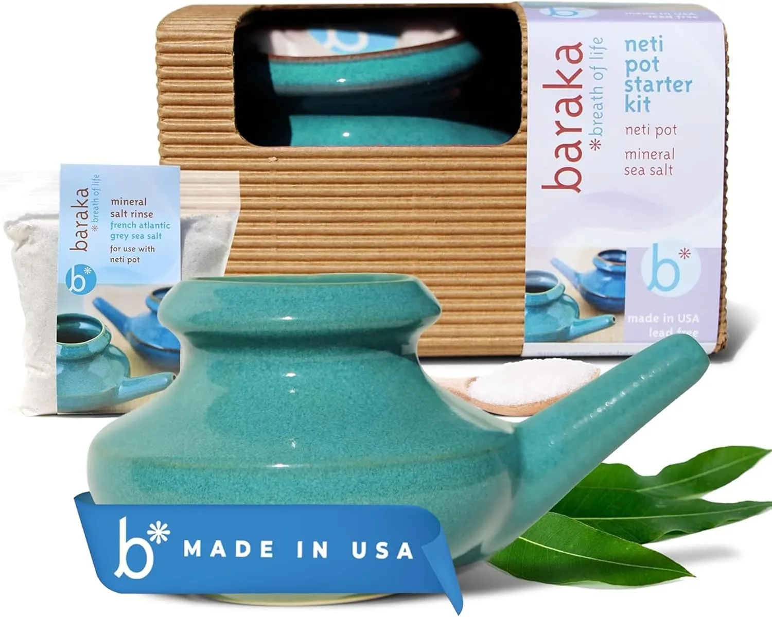 Handcrafted Ceramic Neti Pot w/Box and 2 oz Mineral Sea Salt Rinse - Tool Kit for Home - Relaxing Gifts for Women - Snoring & Saline Solution (Jade)