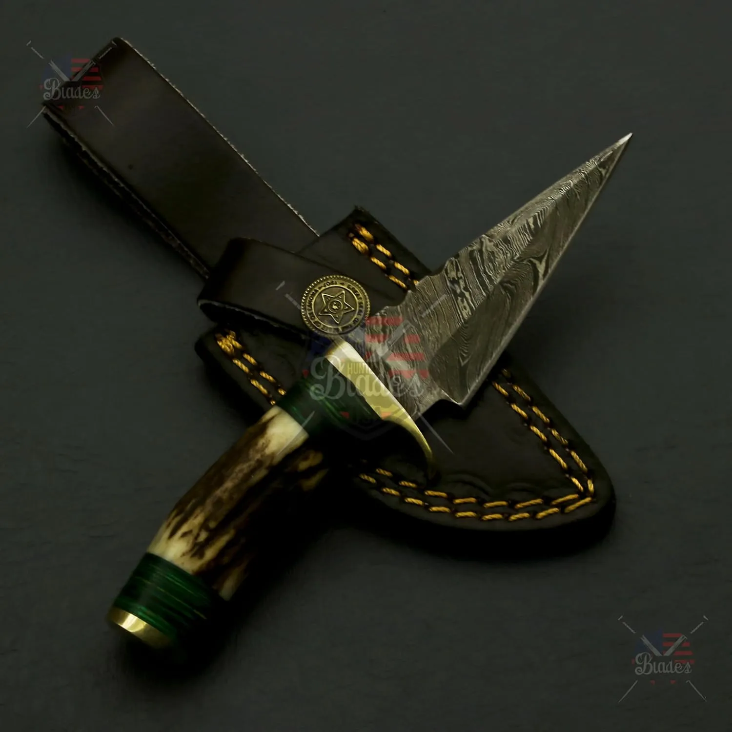 Handmade Damascus Knife 6" Inch – Fireside Camping & Skinning Tool with Stag/Antler Handle & Leather Sheath – Best Gift for Him