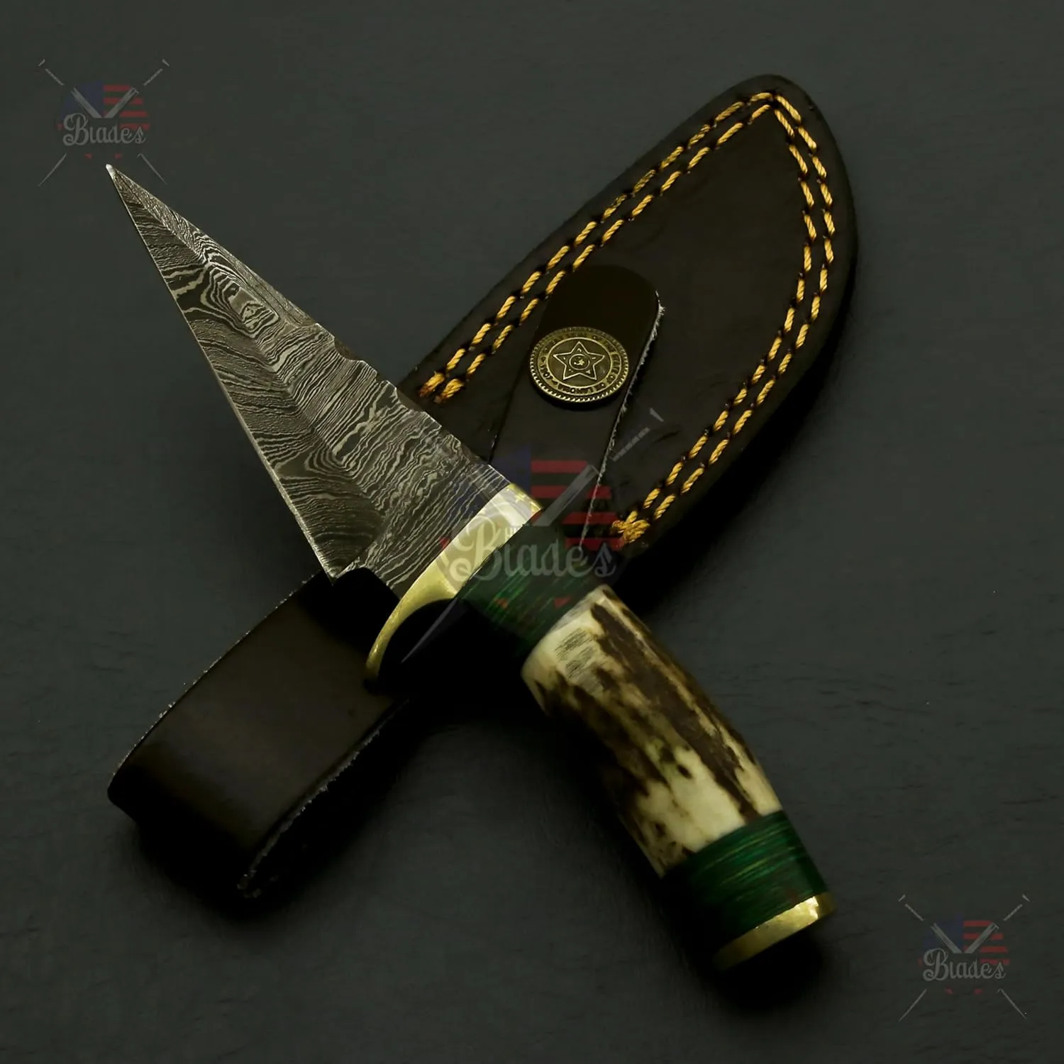 Handmade Damascus Knife 6" Inch – Fireside Camping & Skinning Tool with Stag/Antler Handle & Leather Sheath – Best Gift for Him