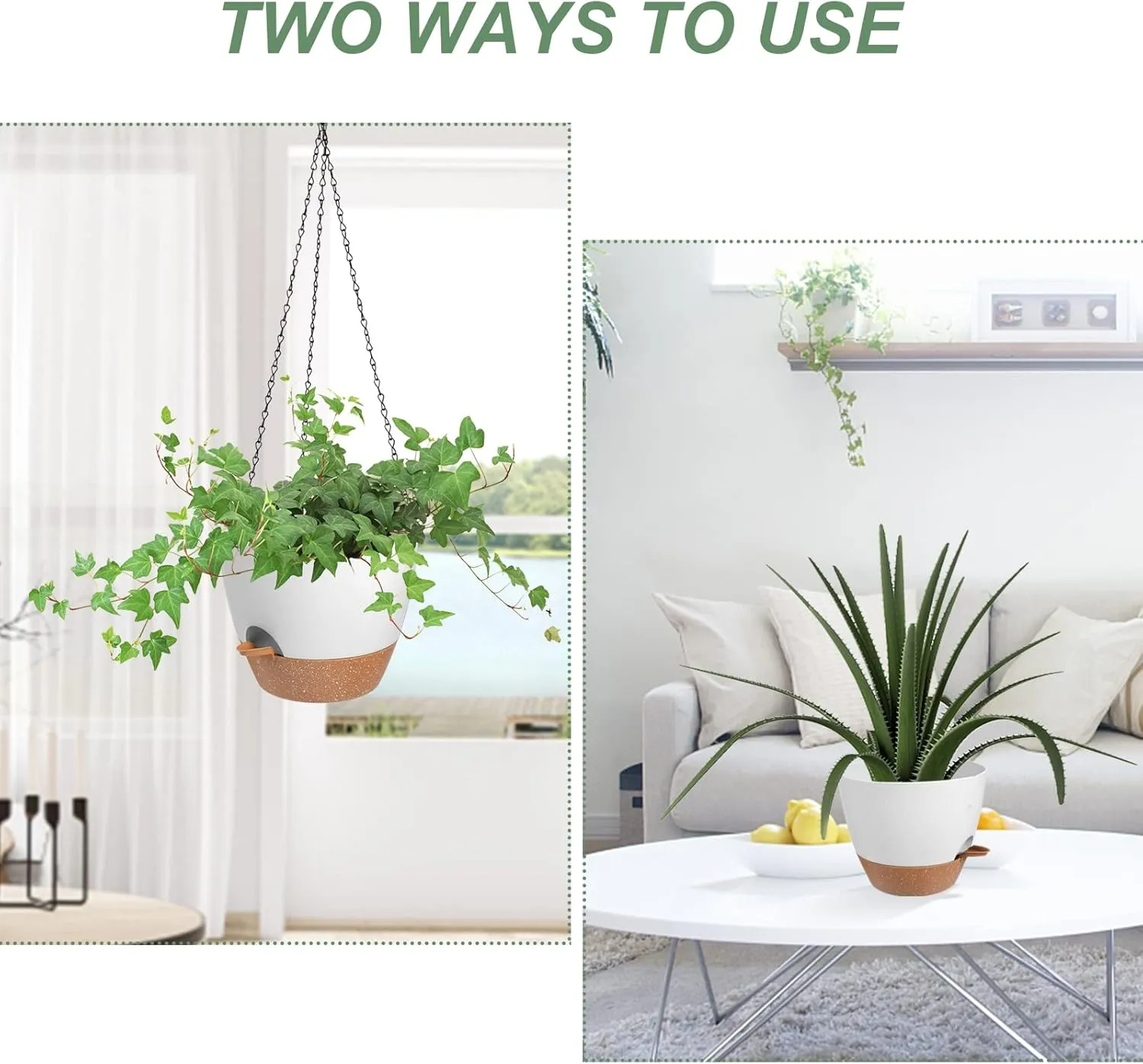 Hanging Planters for Indoor Outdoor Plants, 2 Pack Self Watering Hanging Pot with Drainage Holes & Removable Tray (White, 10'')