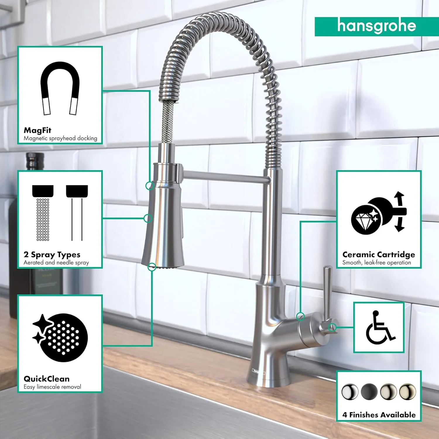 hansgrohe Joleena Stainless Steel Commercial Kitchen Faucet, Kitchen Faucets with Pull Down Sprayer, Faucet for Kitchen Sink, Stainless Steel Optic 04792800 19.3-Inches Tall