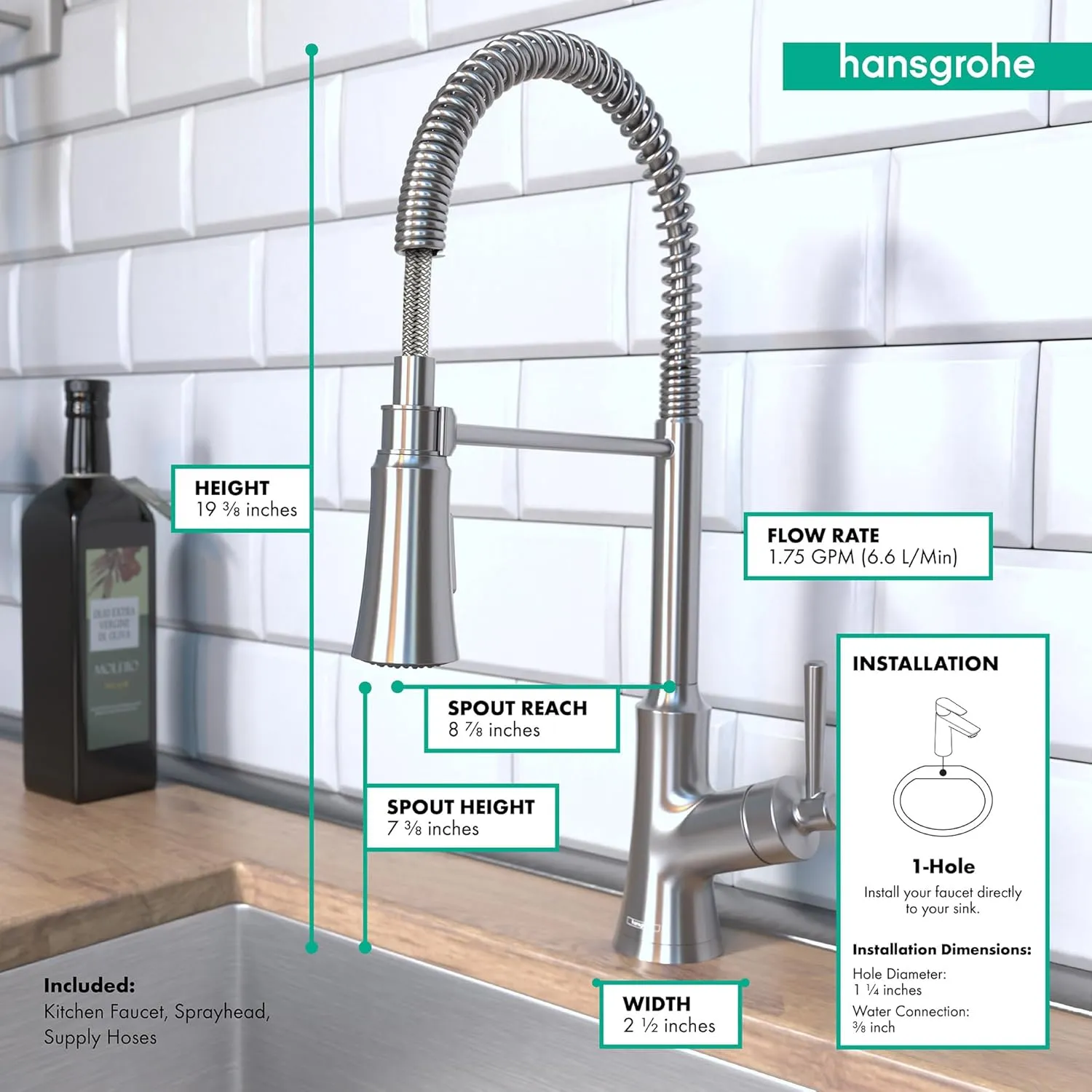 hansgrohe Joleena Stainless Steel Commercial Kitchen Faucet, Kitchen Faucets with Pull Down Sprayer, Faucet for Kitchen Sink, Stainless Steel Optic 04792800 19.3-Inches Tall